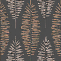 Boutique Lucia Black & copper Leaves Metallic effect Smooth Wallpaper