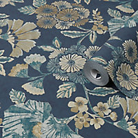 Boutique Navy Floral Metallic effect Textured Wallpaper