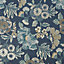 Boutique Navy Floral Metallic effect Textured Wallpaper