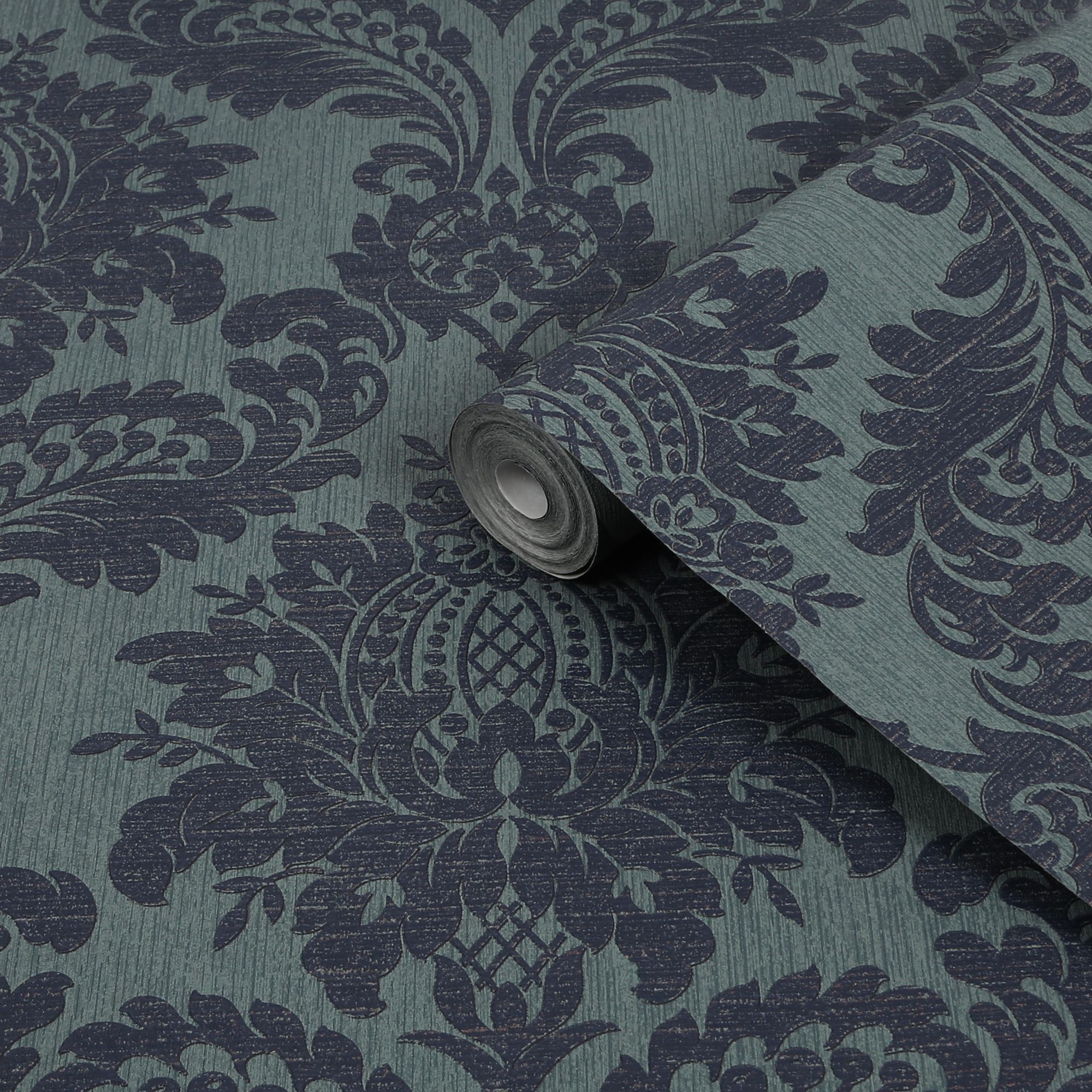 Boutique Navy Metallic effect Damask Textured Wallpaper