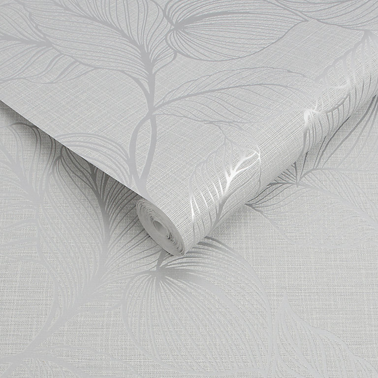 Boutique Royal palm Grey Leaf Silver effect Textured Wallpaper Sample | DIY  at B&Q
