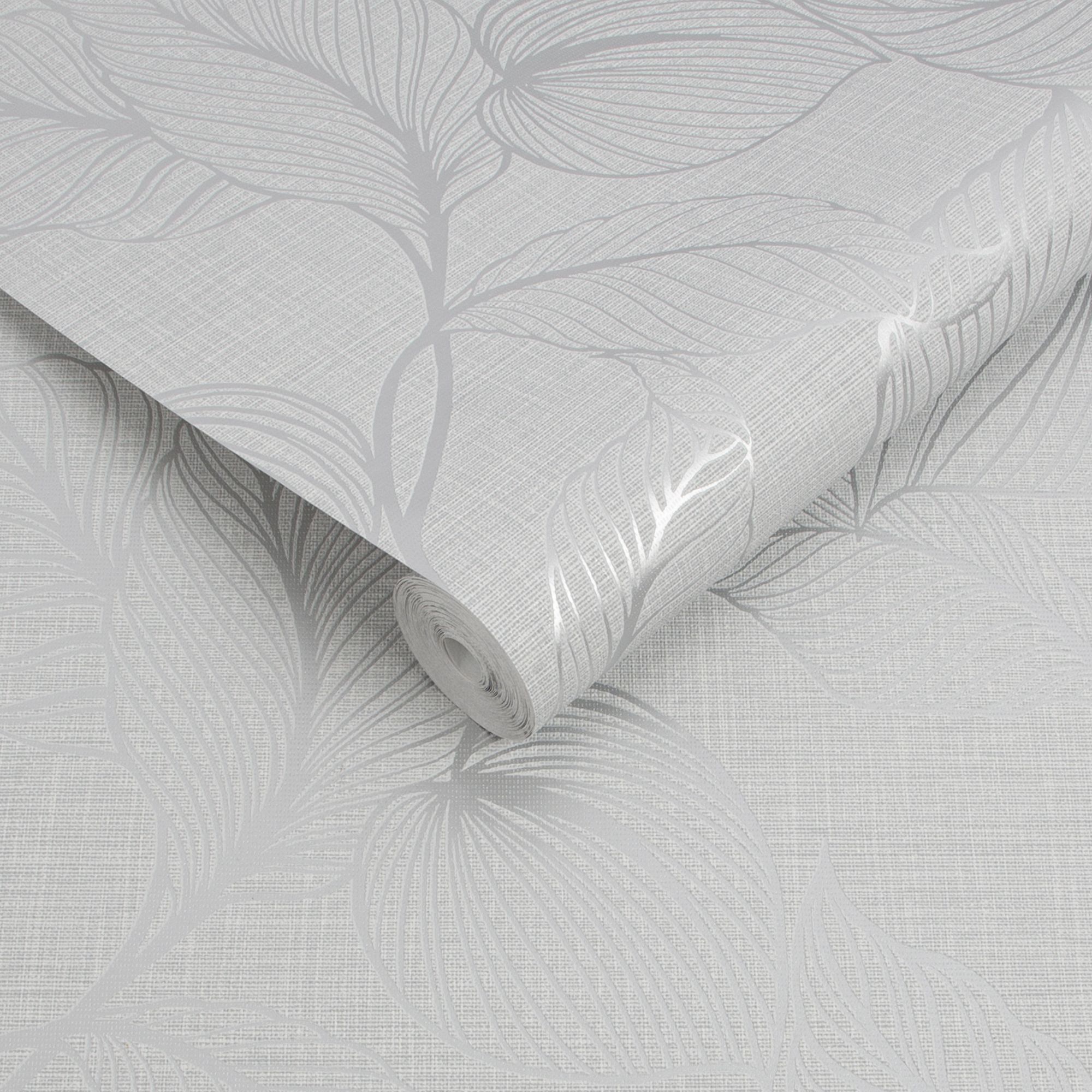 Boutique Royal Palm Grey Leaf Silver Effect Textured Wallpaper Diy At B Q