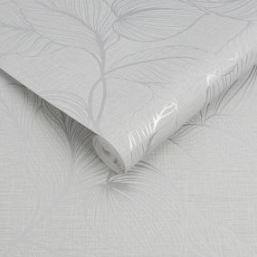 Boutique Royal palm Grey Leaf Silver effect Textured Wallpaper