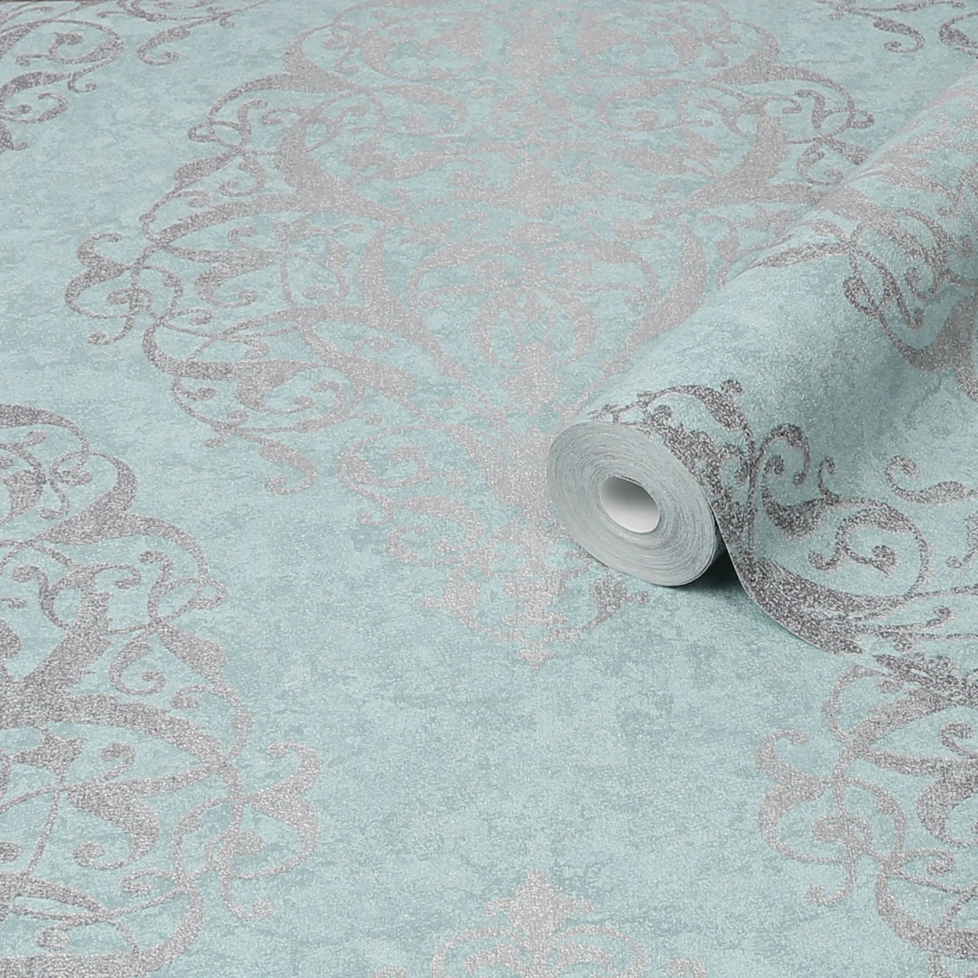 Boutique Shiraz Green & teal Damask Metallic effect Textured Wallpaper Sample