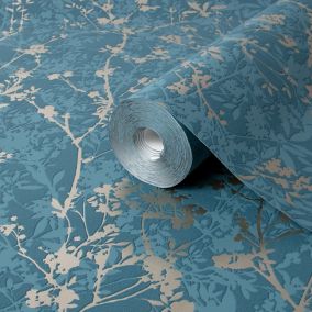 Boutique Silhouette sprig Teal Floral Metallic effect Embossed Wallpaper Sample