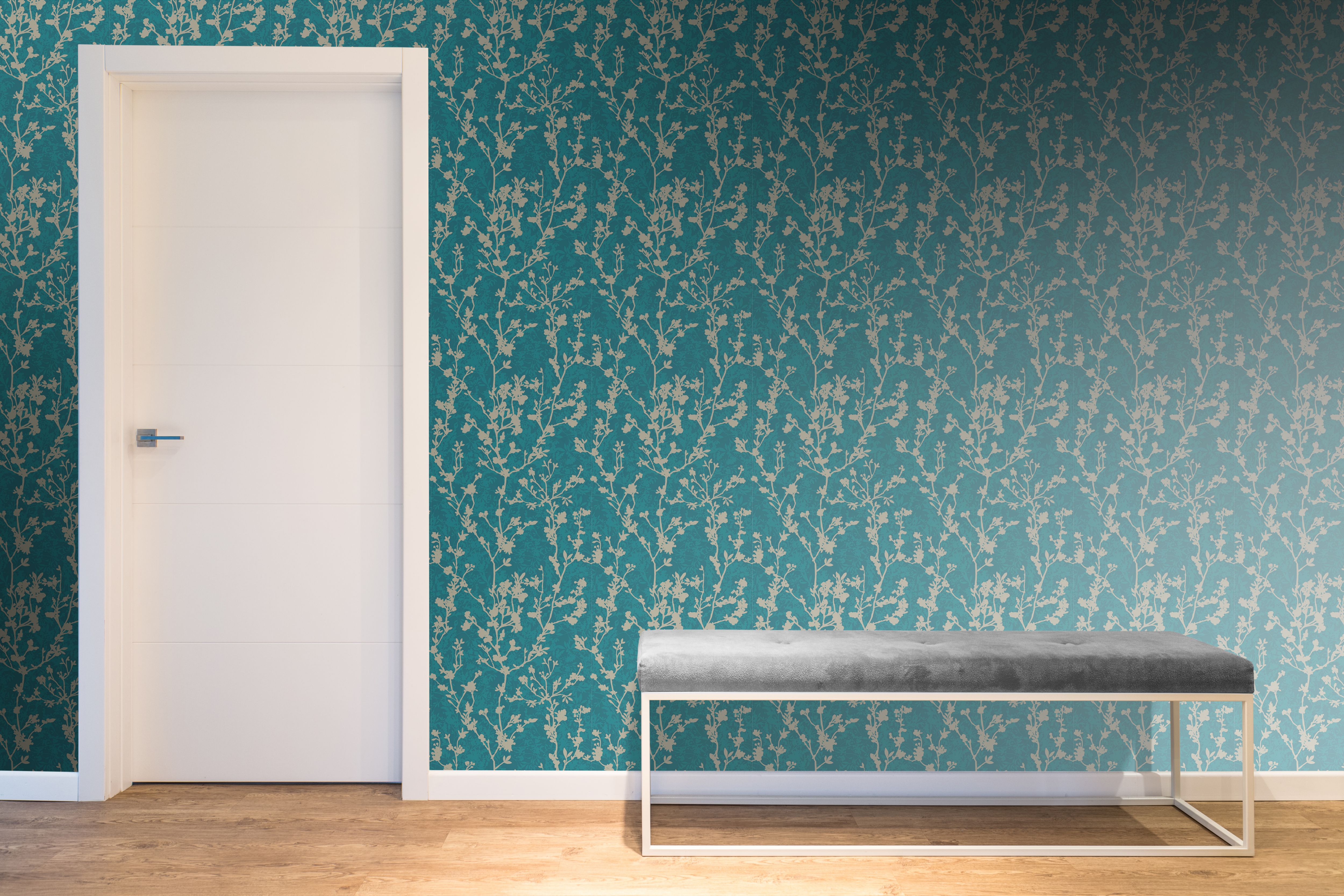 Boutique Silhouette sprig Teal Metallic effect Floral Embossed Wallpaper Sample
