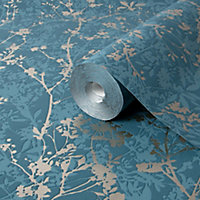 Boutique Silhouette sprig Teal Metallic effect Floral Embossed Wallpaper Sample