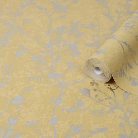 Boutique Yellow Metallic effect Silhouette sprig Textured Wallpaper Sample
