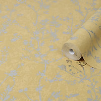 Boutique Yellow Metallic effect Silhouette sprig Textured Wallpaper
