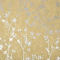 Boutique Yellow Silhouette sprig Metallic effect Textured Wallpaper