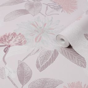 Boutique Zara Pink Floral Metallic effect Textured Wallpaper Sample