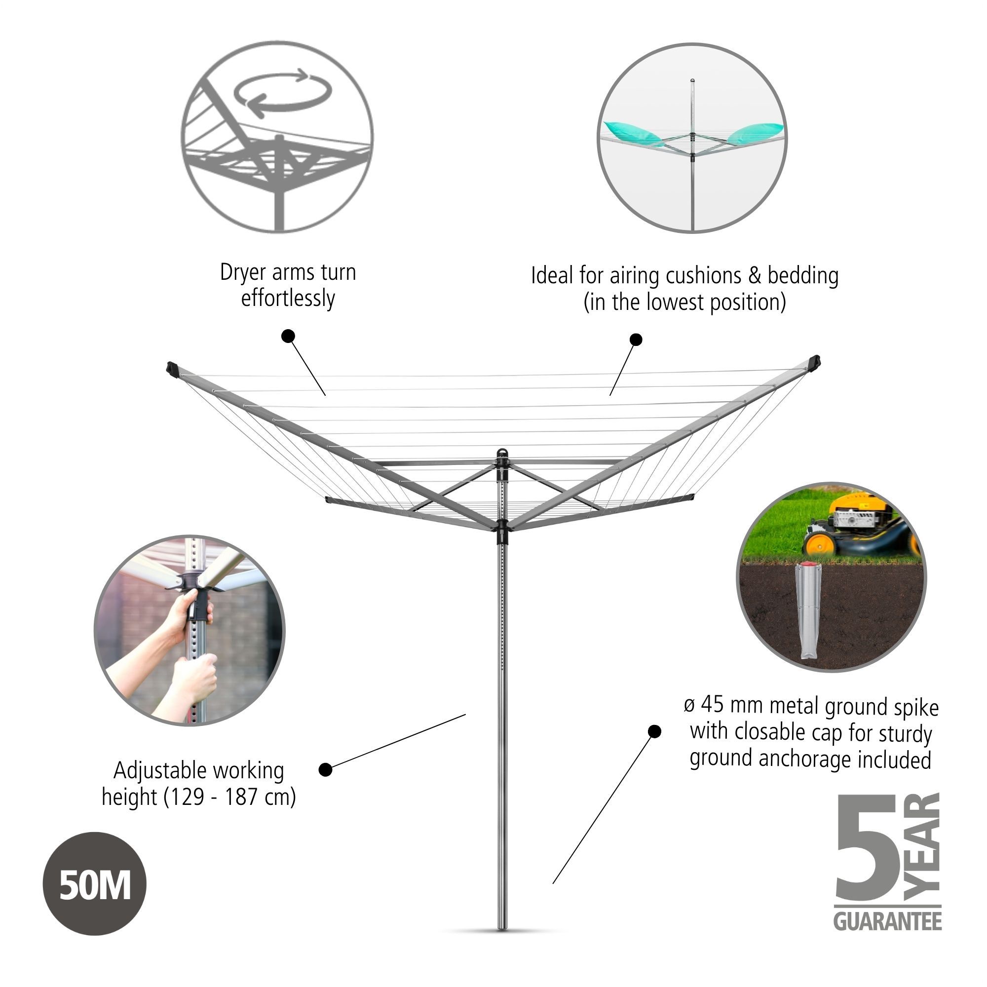 Brabantia Lift-O-Matic Silver effect Steel 4 Arm Garden Rotary airer, 50m