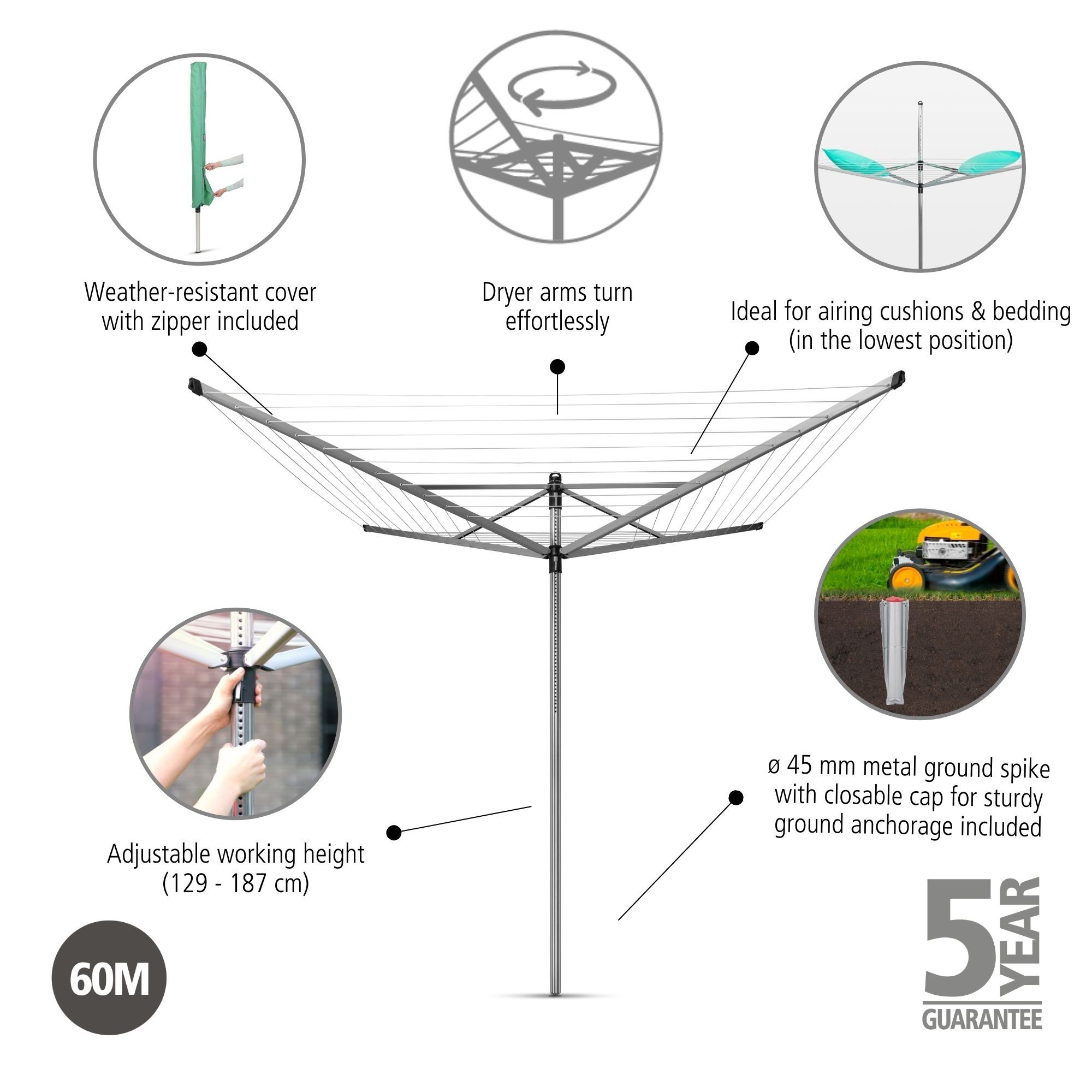Brabantia Lift-O-Matic Silver effect Steel 4 Arm Garden Rotary airer, 60m