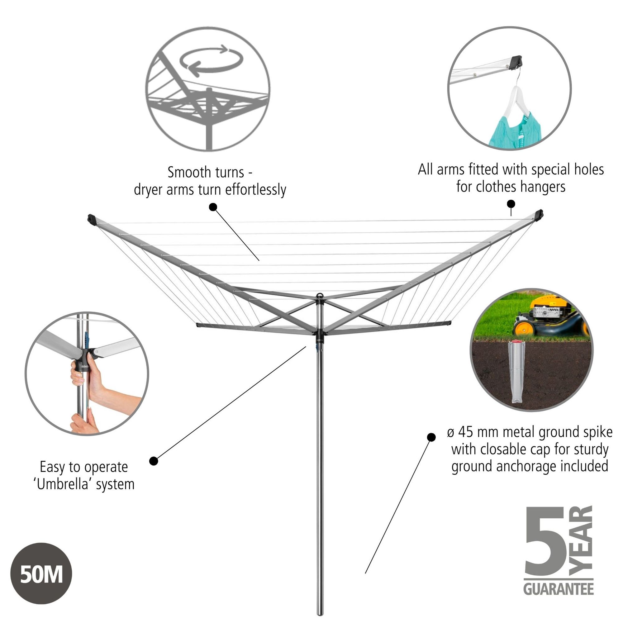 Brabantia Silver effect Steel 4 Arm Garden Rotary airer, 50m