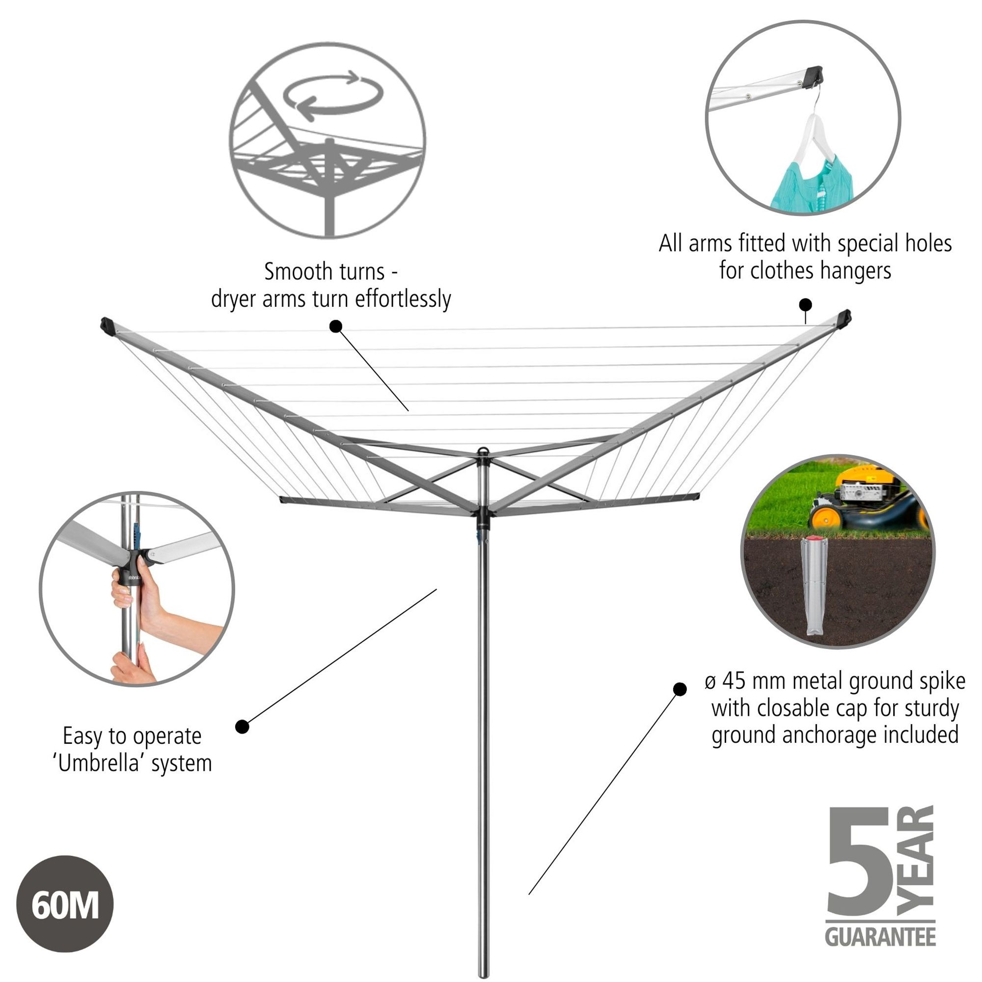 Brabantia Silver effect Steel 4 Arm Garden Rotary airer, 60m