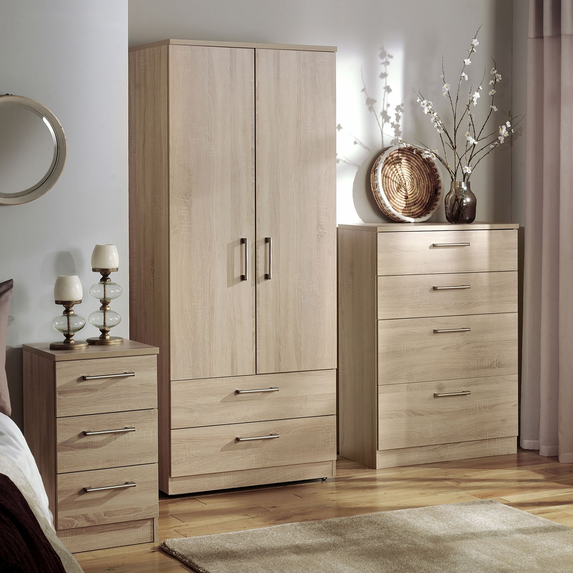 Brindisi Ready assembled Matt oak effect 2 Drawer Bedside table (H)505mm (W)395mm (D)415mm