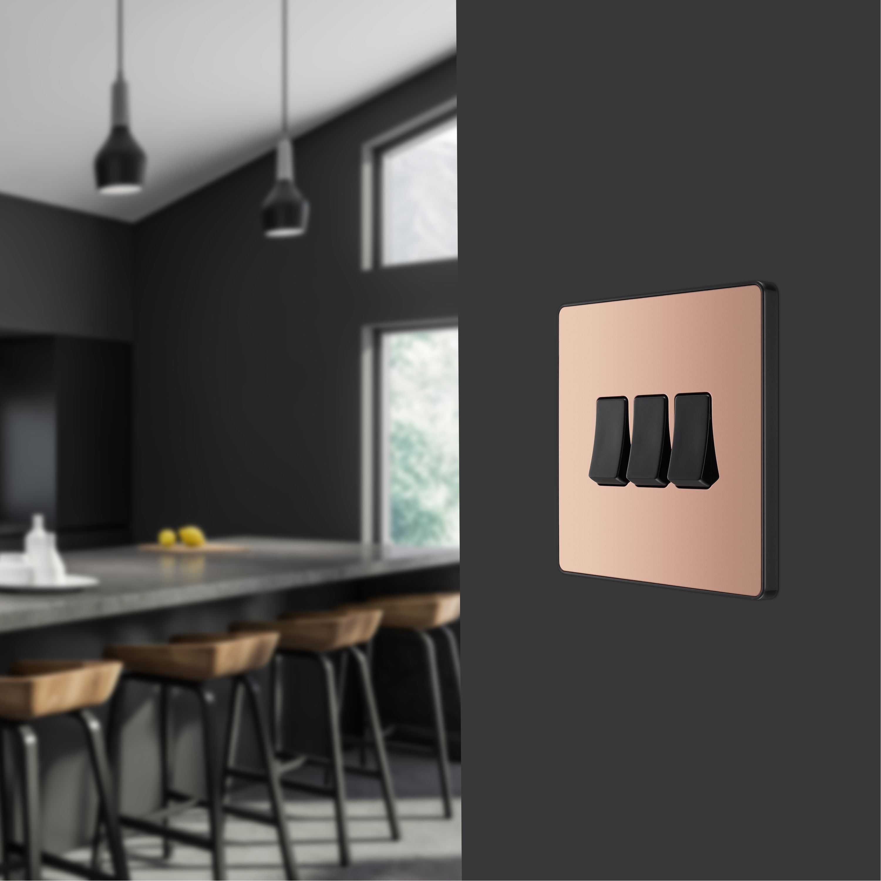 British General 20A 2 way 3 gang Triple light Screwless Switch Gloss Copper effect - 10