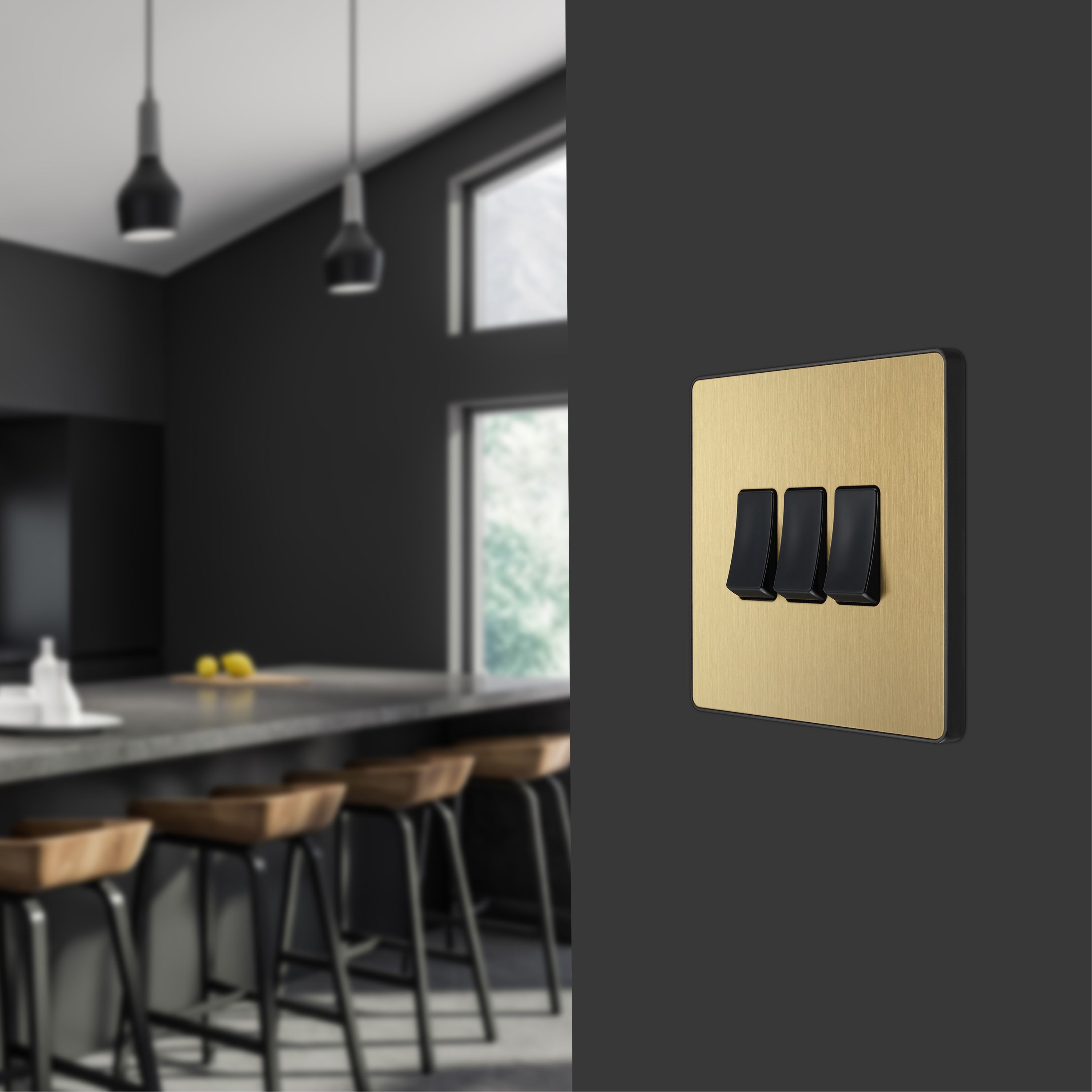 British General 20A 2 way 3 gang Triple light Screwless Switch Satin Brass effect - 10
