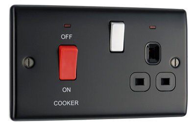 British General Black Double 45A Switched Cooker switch & socket with neon with Black inserts