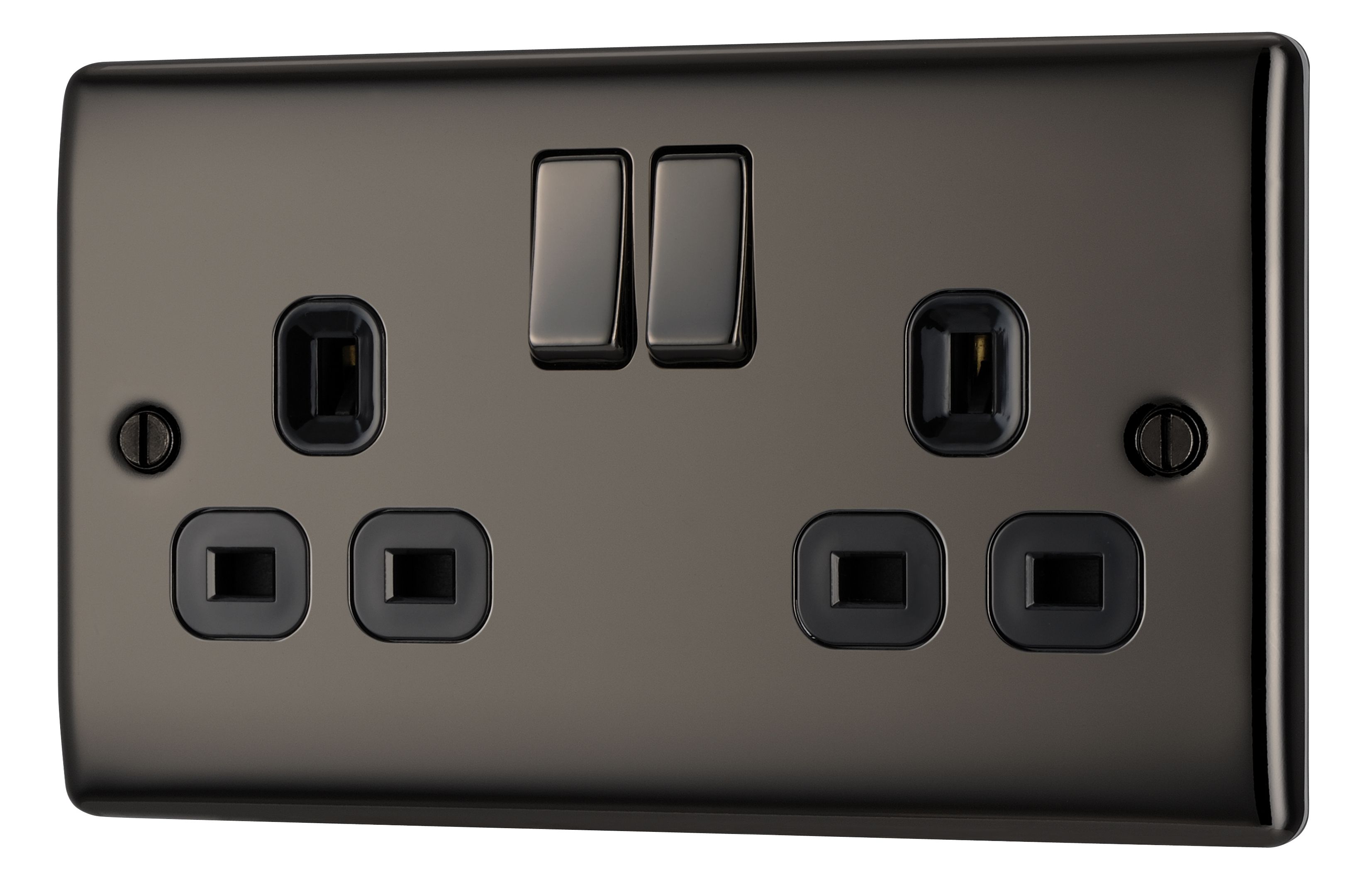 British General Black Nickel Double 13A Switched Socket with Black inserts