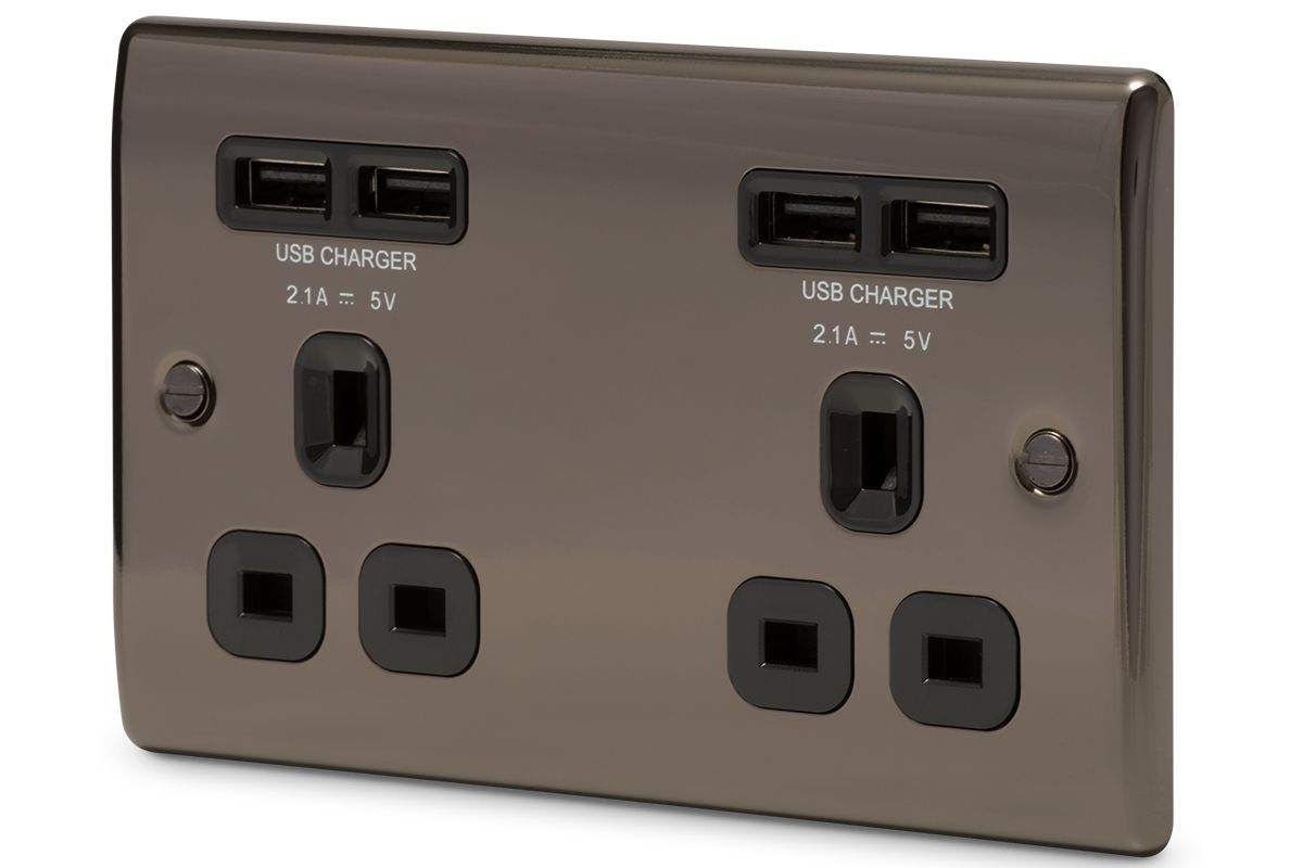 British General Black Nickel Double 4.2A Raised Unswitched Screwed Socket with USB, x4 & Black inserts