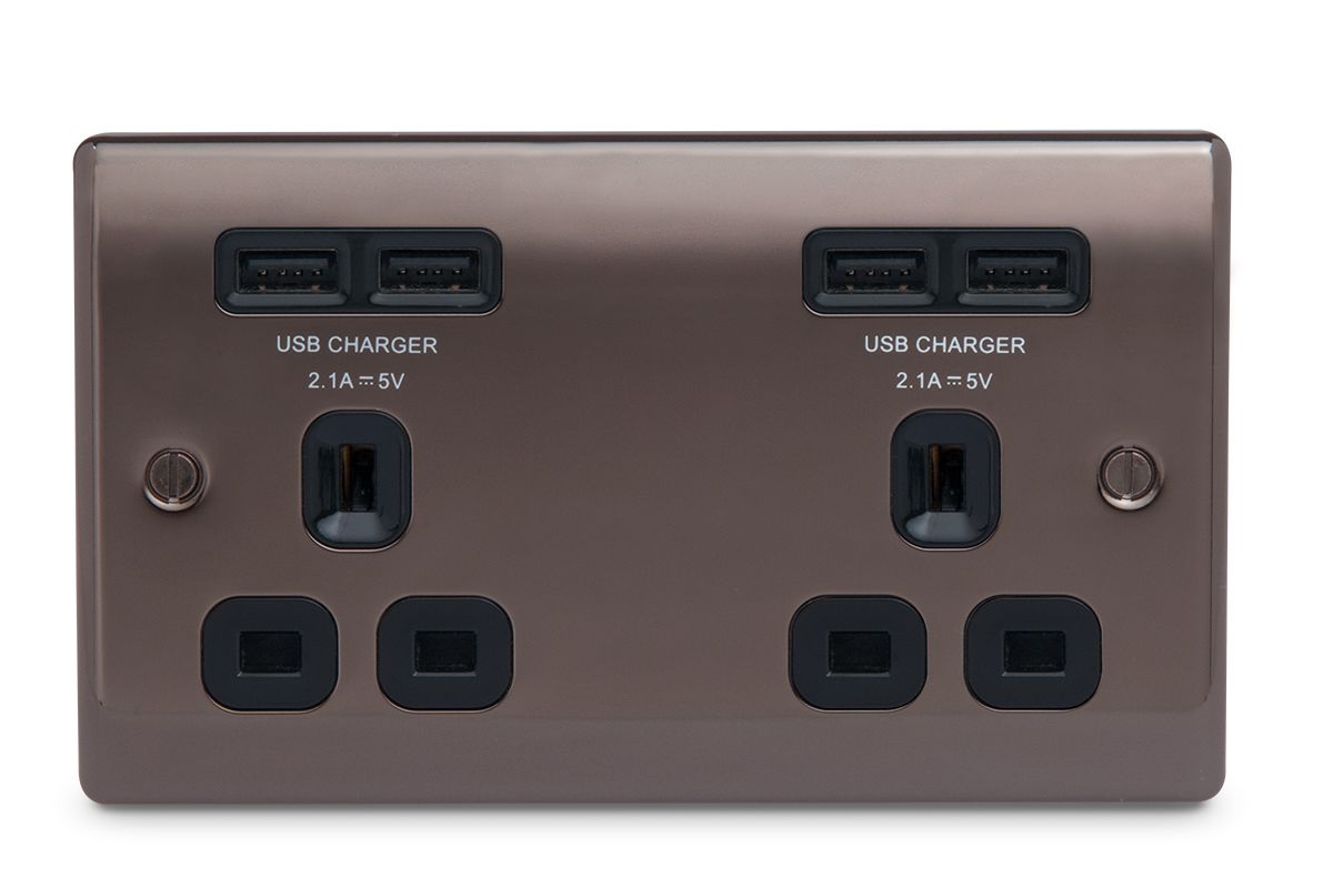 British General Black Nickel Double 4.2A Raised Unswitched Screwed Socket with USB, x4 & Black inserts