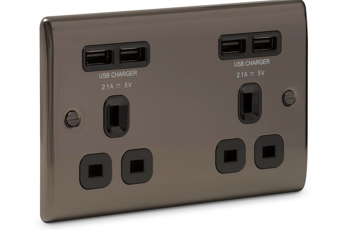 British General Black Nickel Double 4.2A Raised Unswitched Screwed Socket with USB, x4 & Black inserts