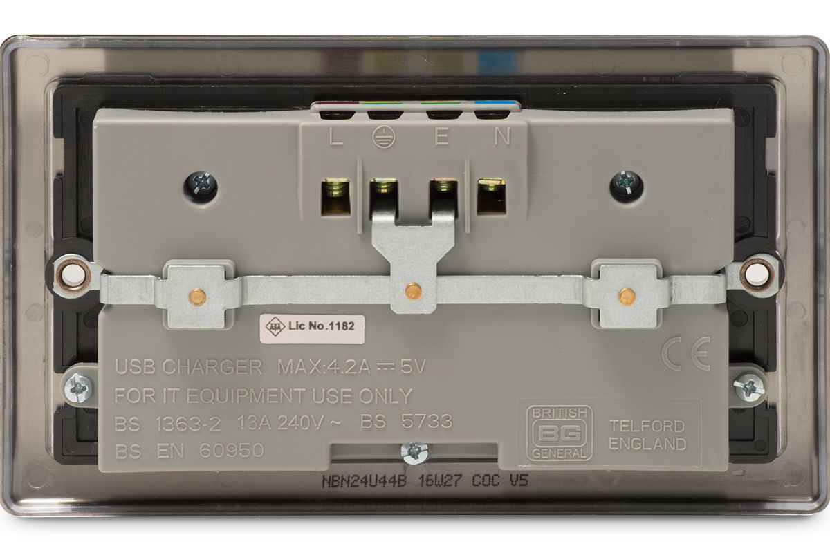 British General Black Nickel Double 4.2A Raised Unswitched Screwed Socket with USB, x4 & Black inserts