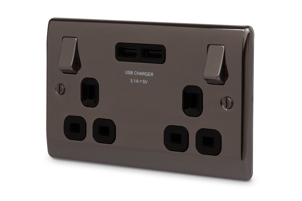 British General Black nickel effect Double USB socket, 2 x 3.1A USB
