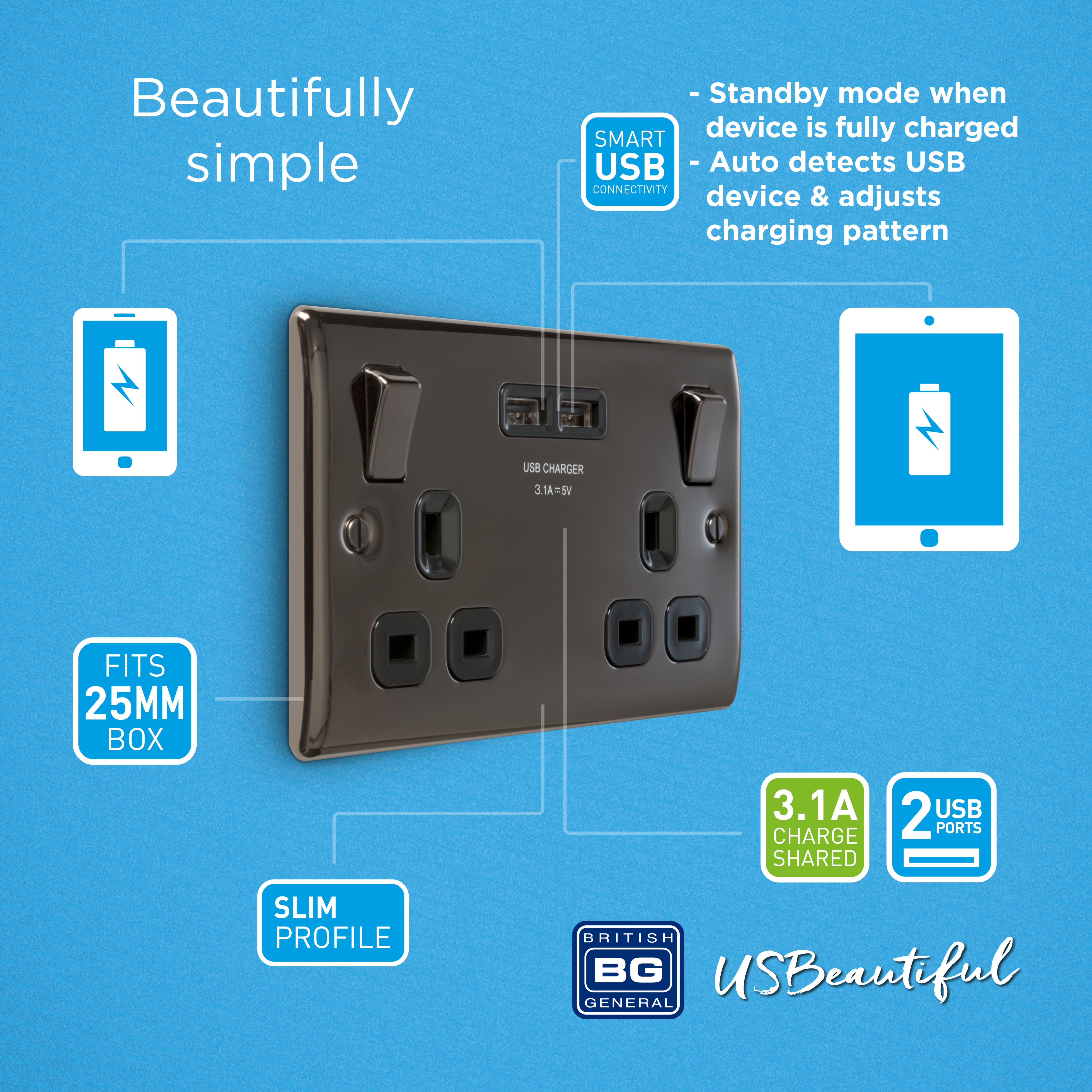 British General Black nickel effect Double USB socket, 2 x 3.1A USB