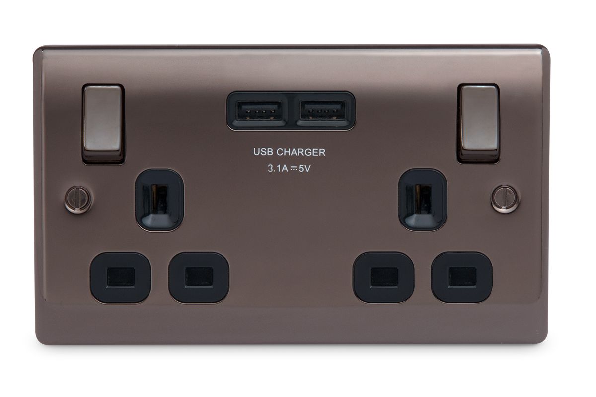 British General Black nickel effect Double USB socket, 2 x 3.1A USB