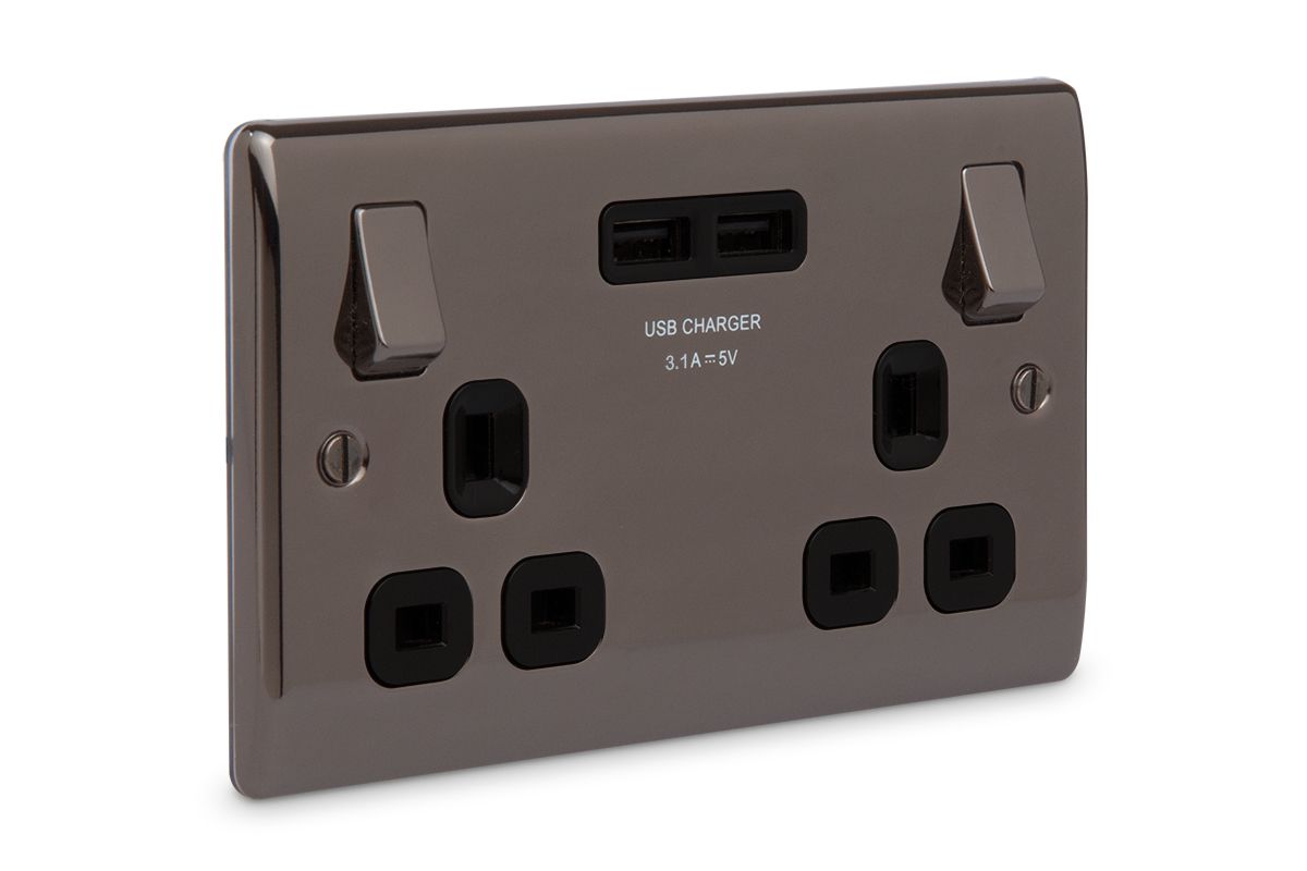 British General Black nickel effect Double USB socket, 2 x 3.1A USB