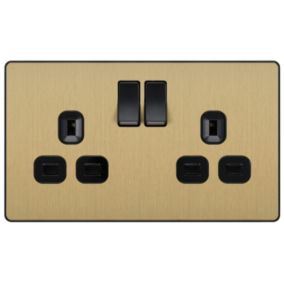 British General Brass effect Double 13A Gold Switched socket & Black inserts