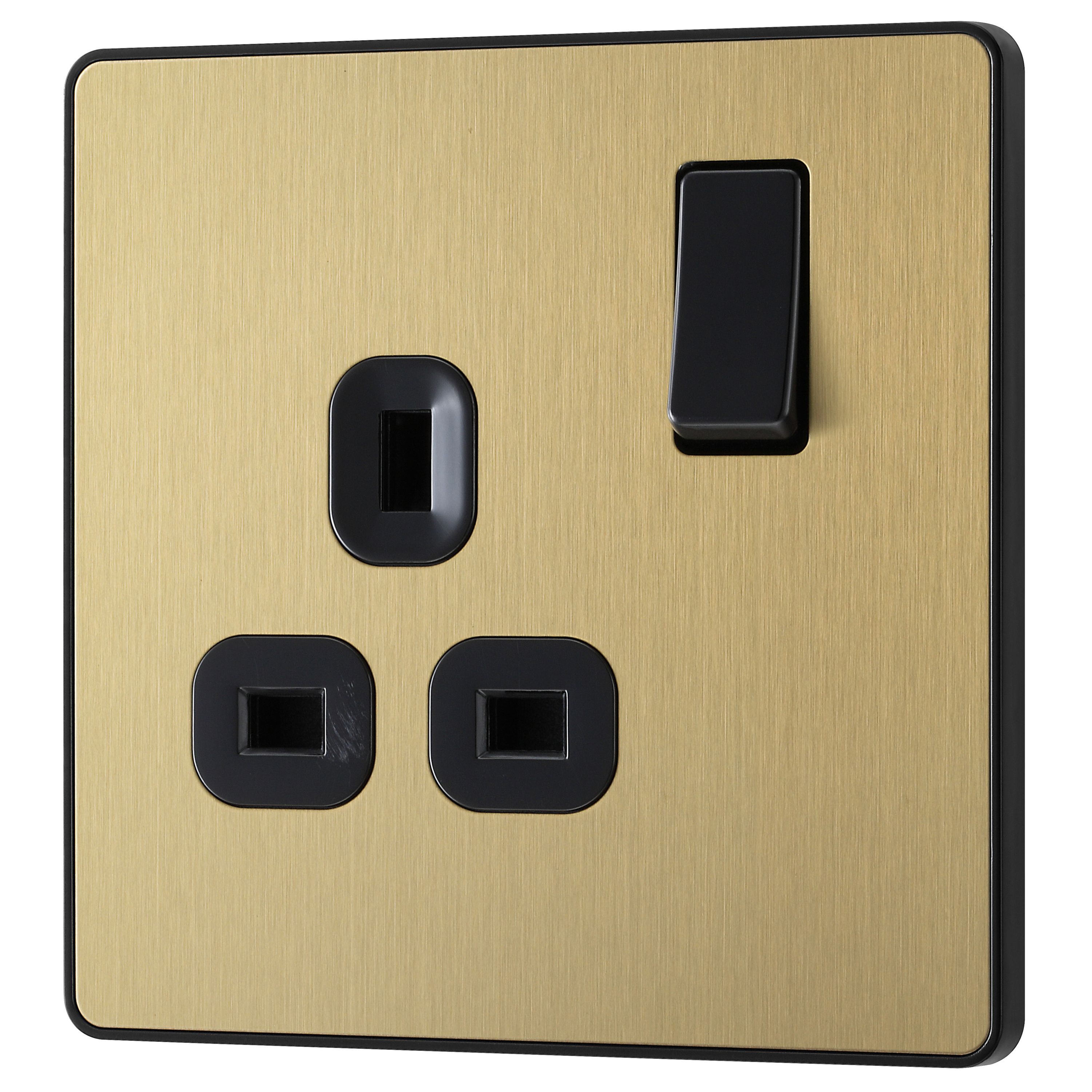 British General Brass effect Single 13A Gold Switched socket & Black inserts