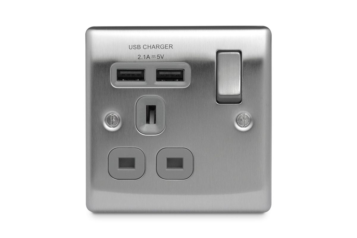 British General Brushed steel effect Single USB socket, 2 x 2.1A USB