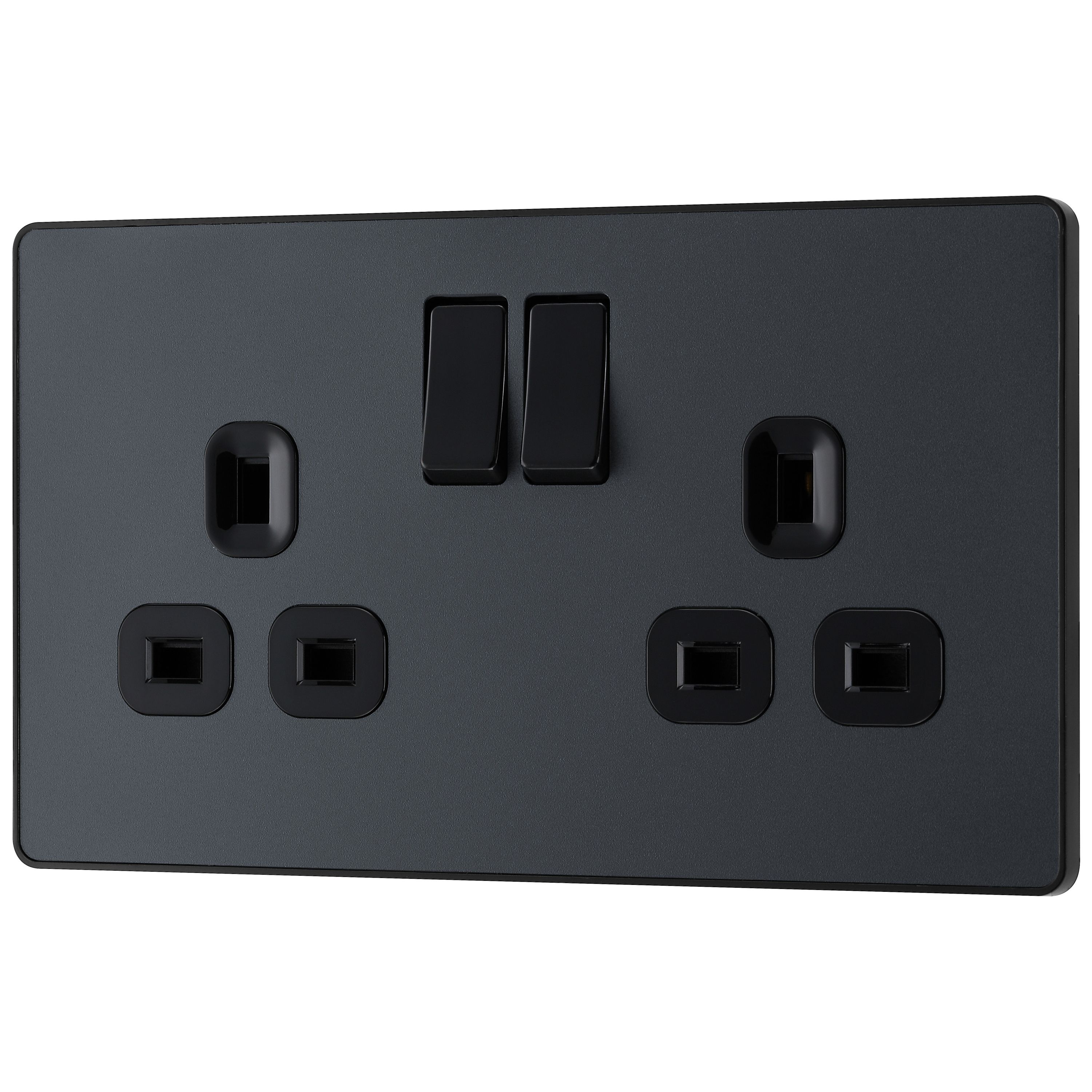 British General Double 13A Matt Grey Switched socket & Black inserts
