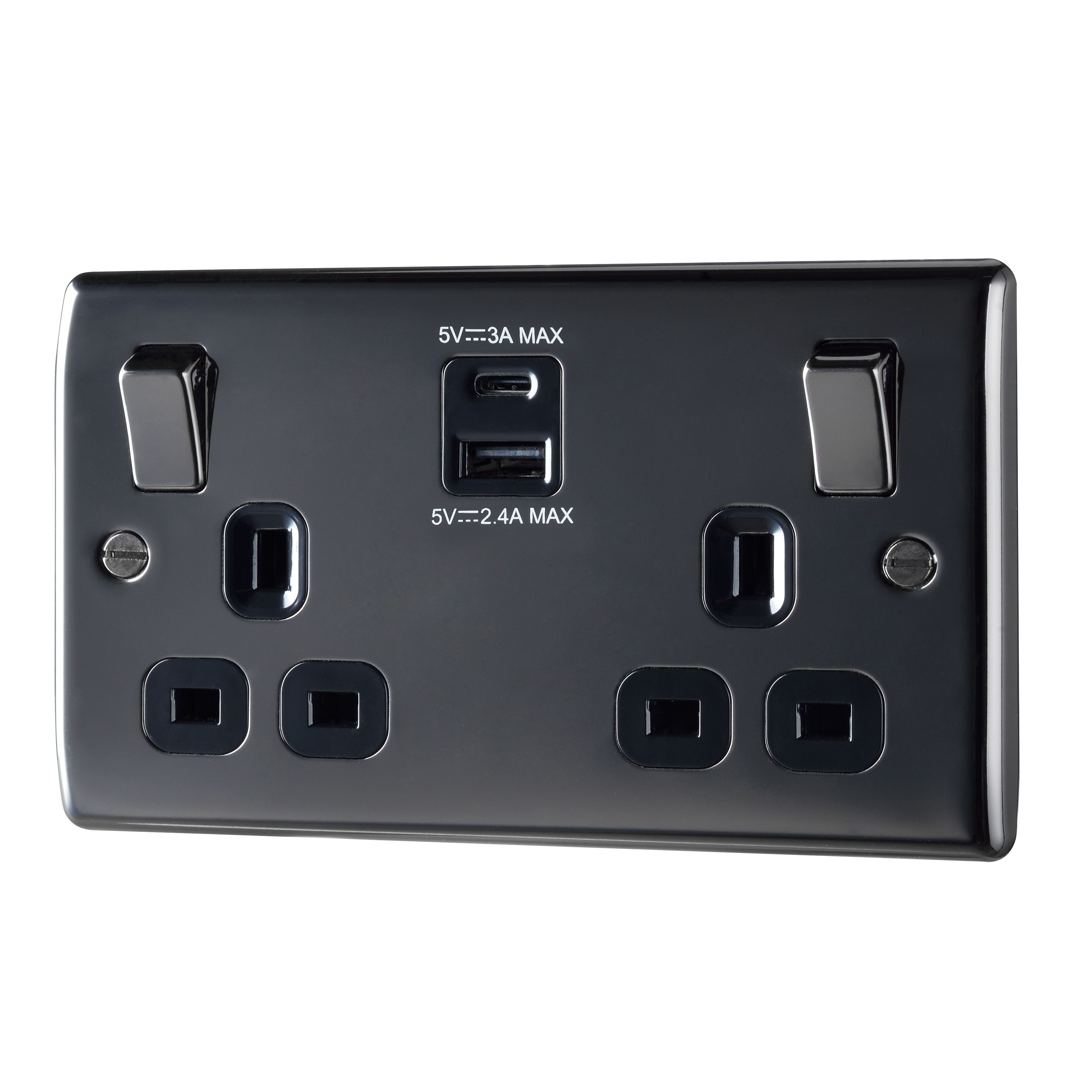 British General Double 13A Raised Switched Screwed Socket with USB, x2 & Black inserts