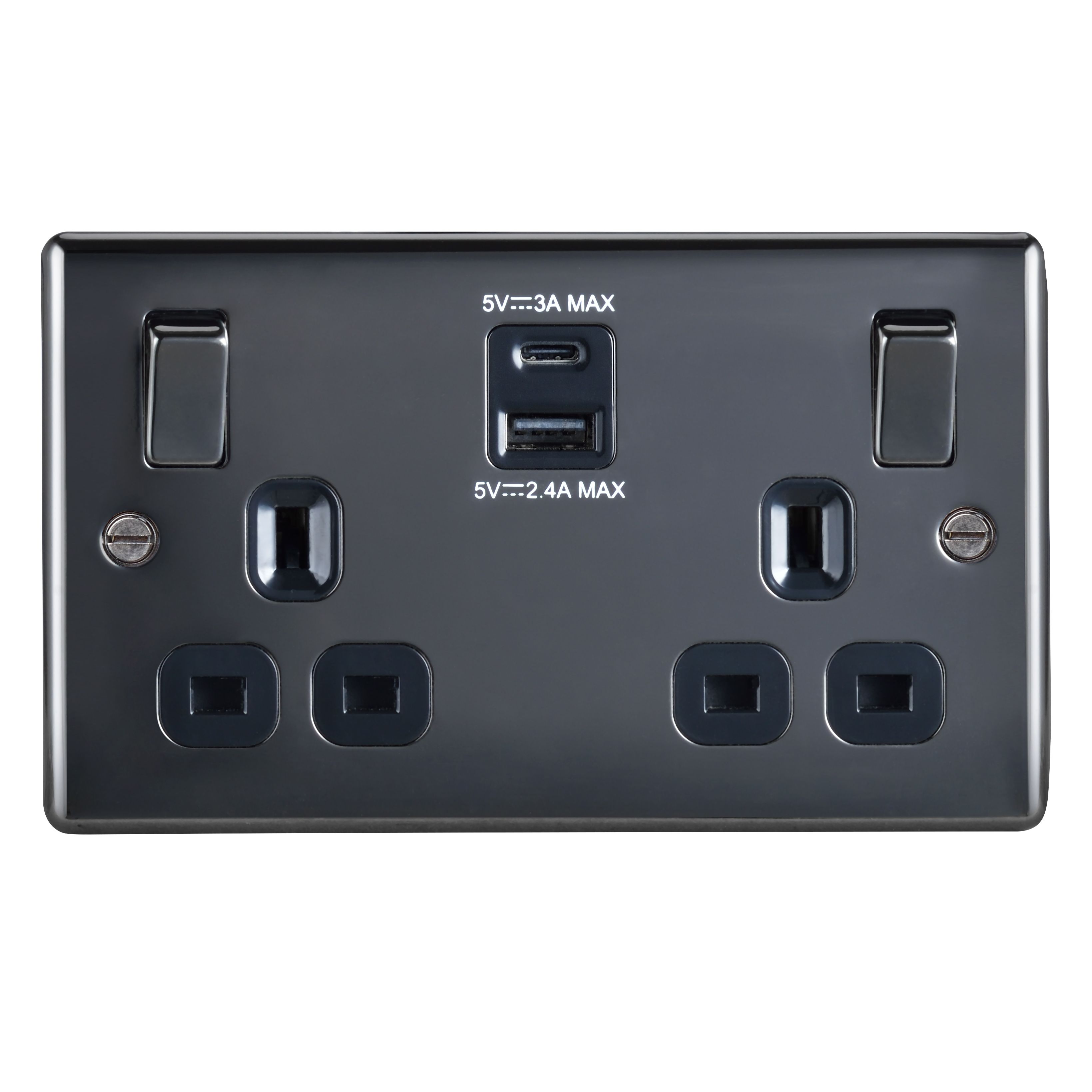 British General Double 13A Raised Switched Screwed Socket with USB, x2 & Black inserts