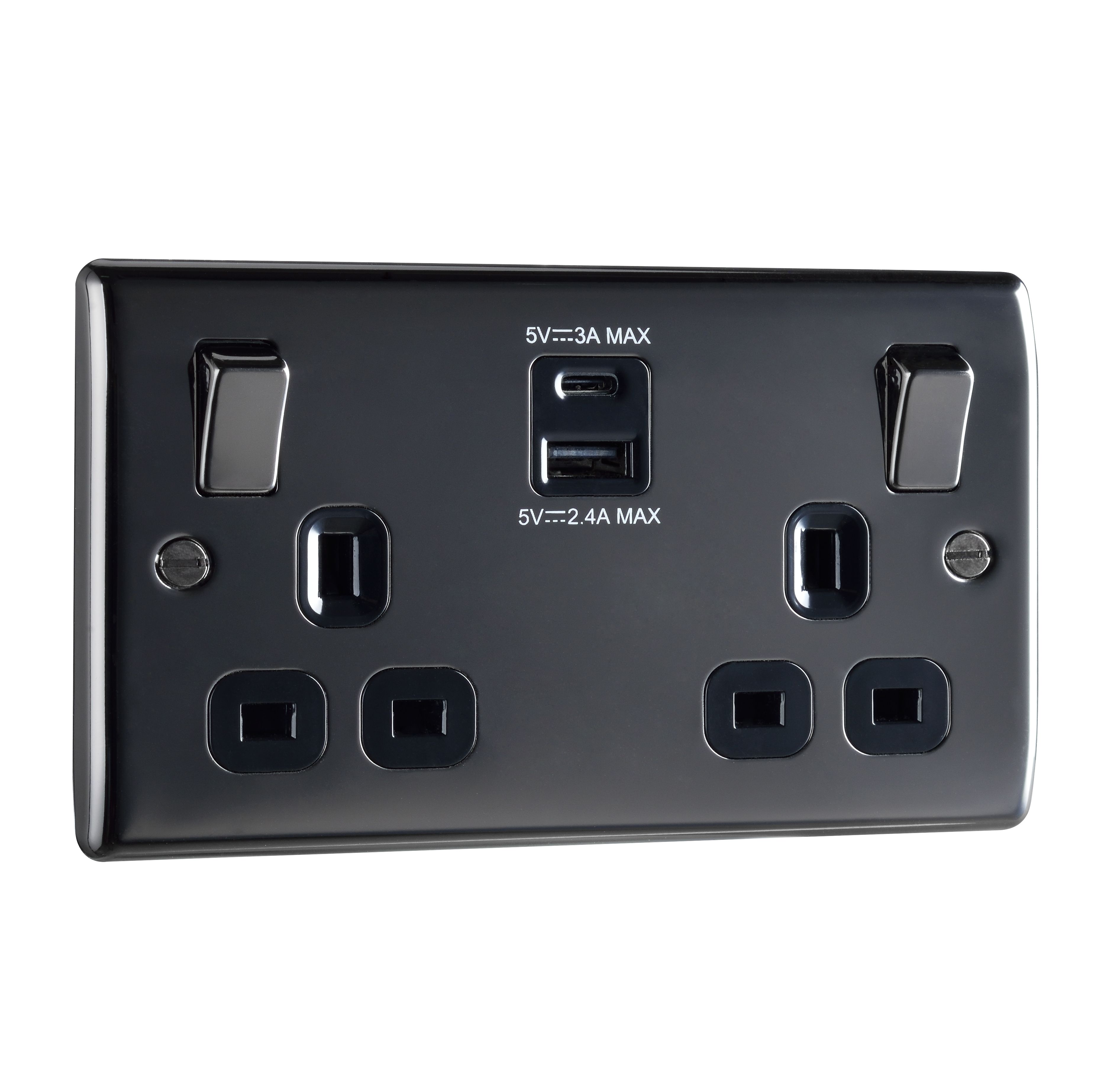 British General Double 13A Raised Switched Screwed Socket with USB, x2 & Black inserts