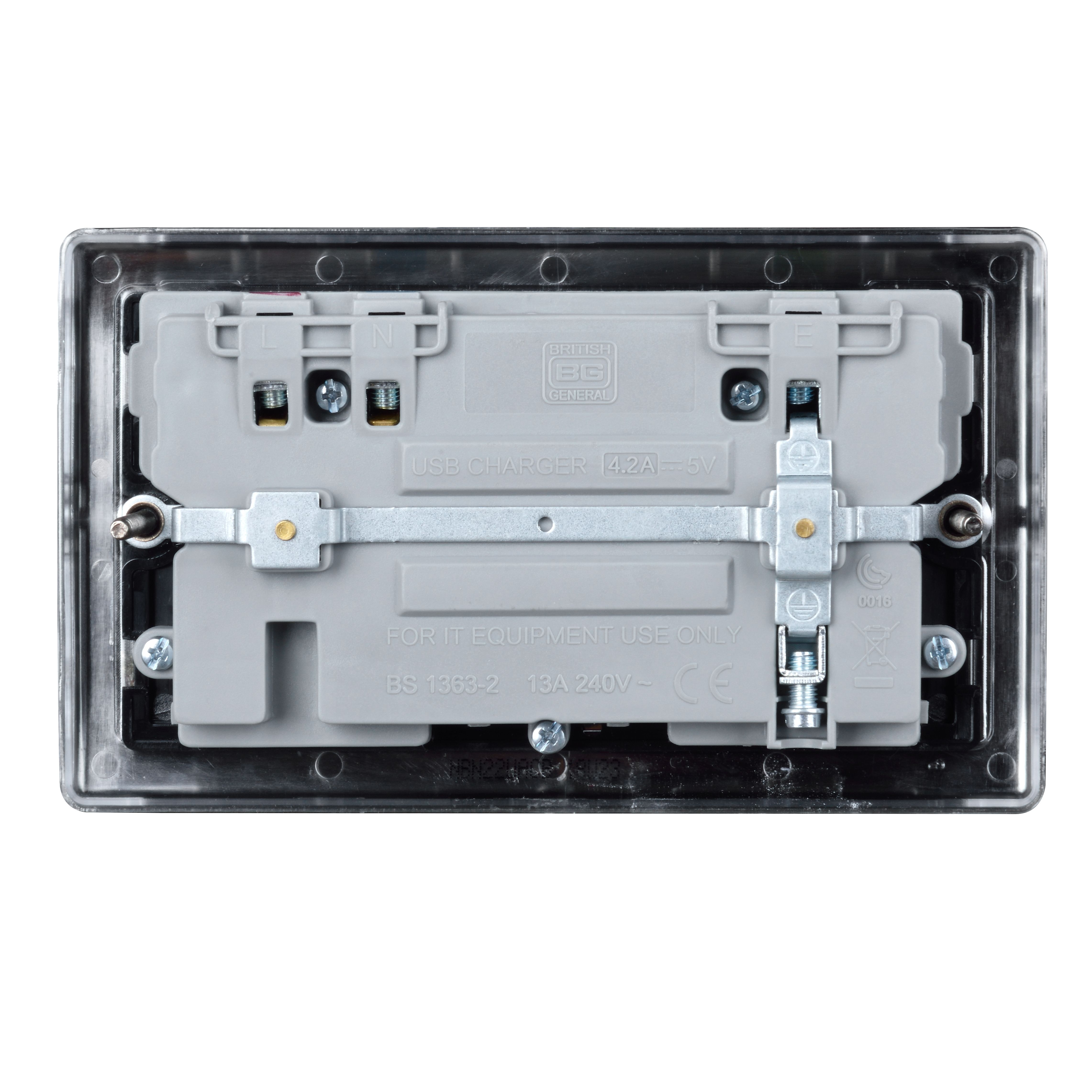 British General Double 13A Raised Switched Screwed Socket with USB, x2 & Black inserts