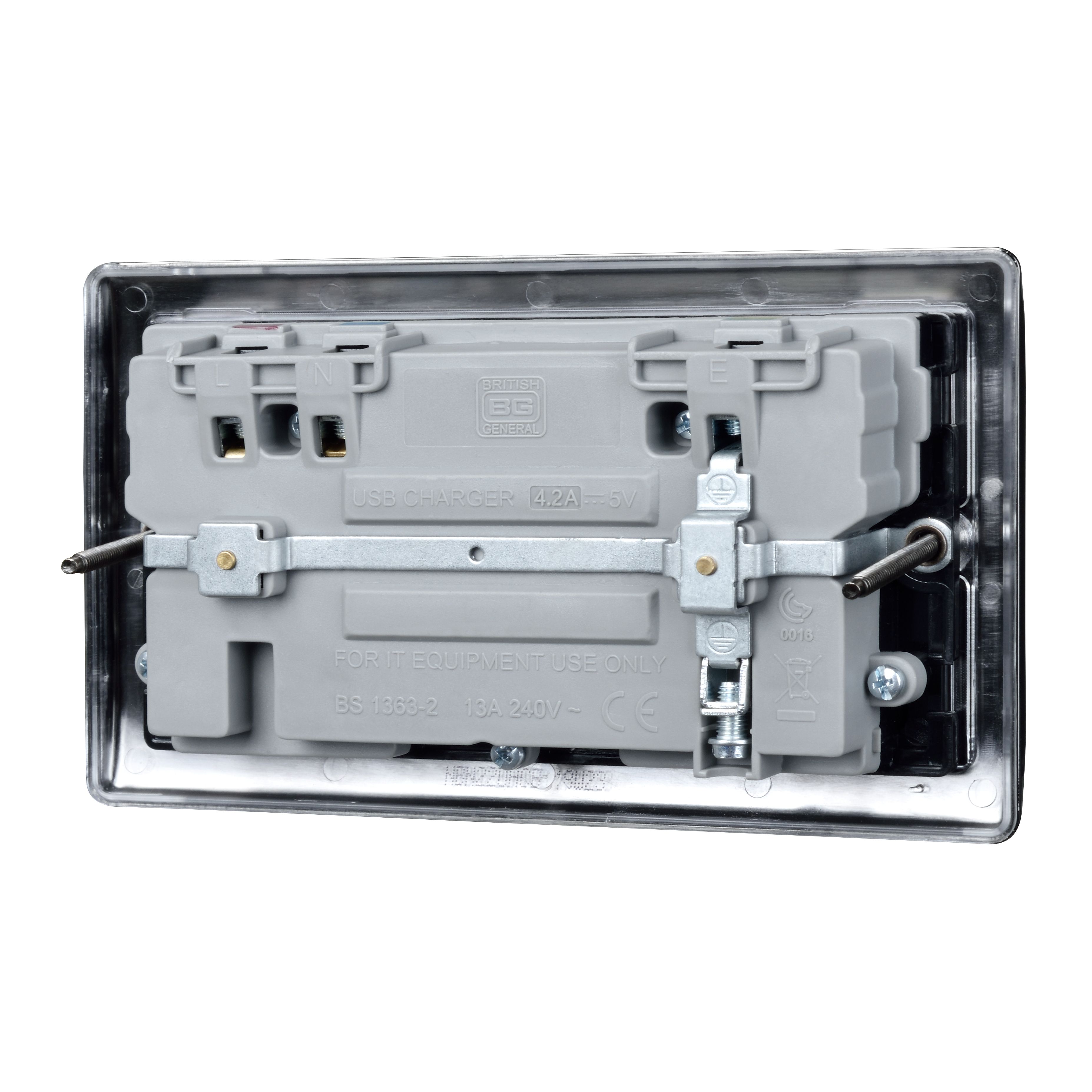 British General Double 13A Raised Switched Screwed Socket with USB, x2 & Black inserts