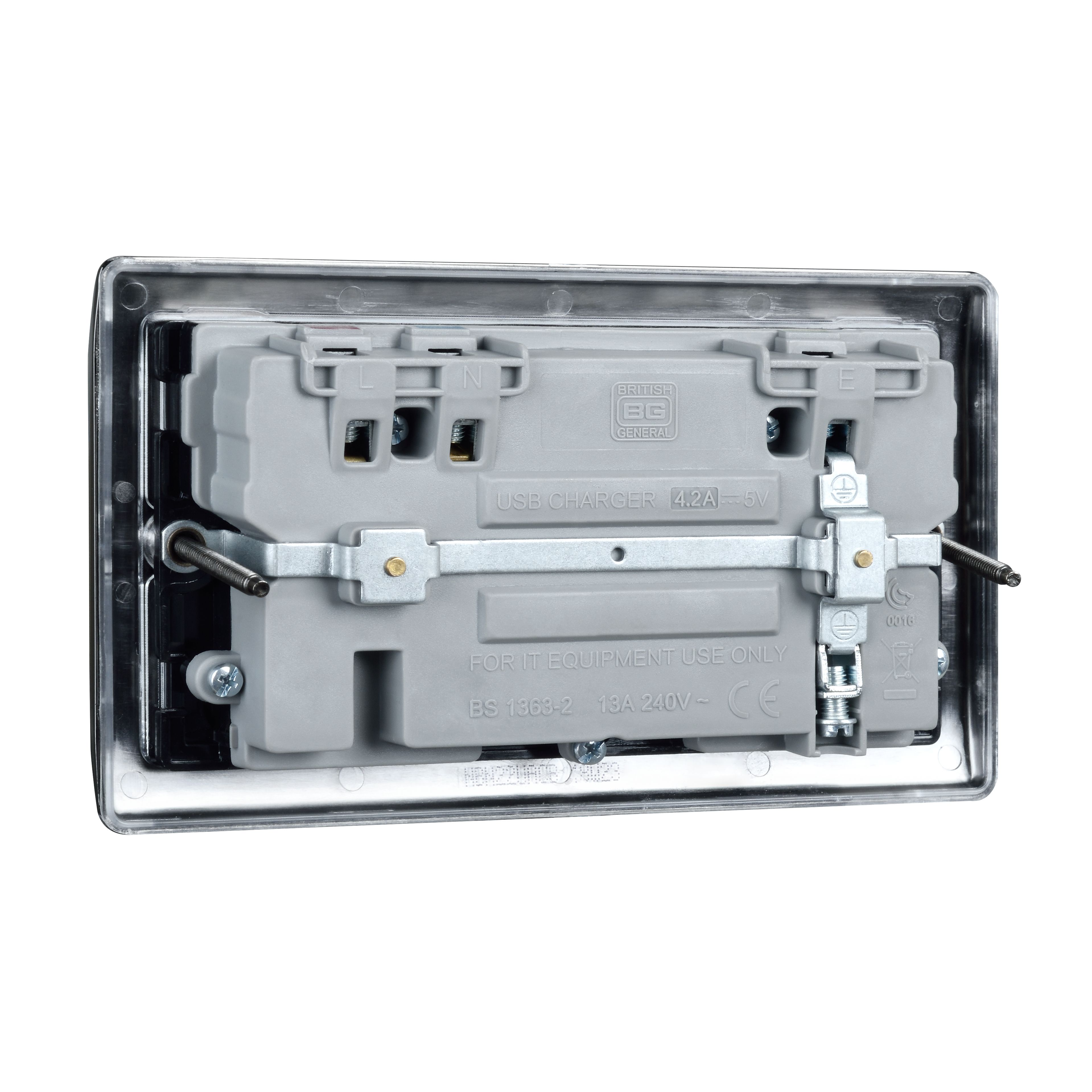 British General Double 13A Raised Switched Screwed Socket with USB, x2 & Black inserts