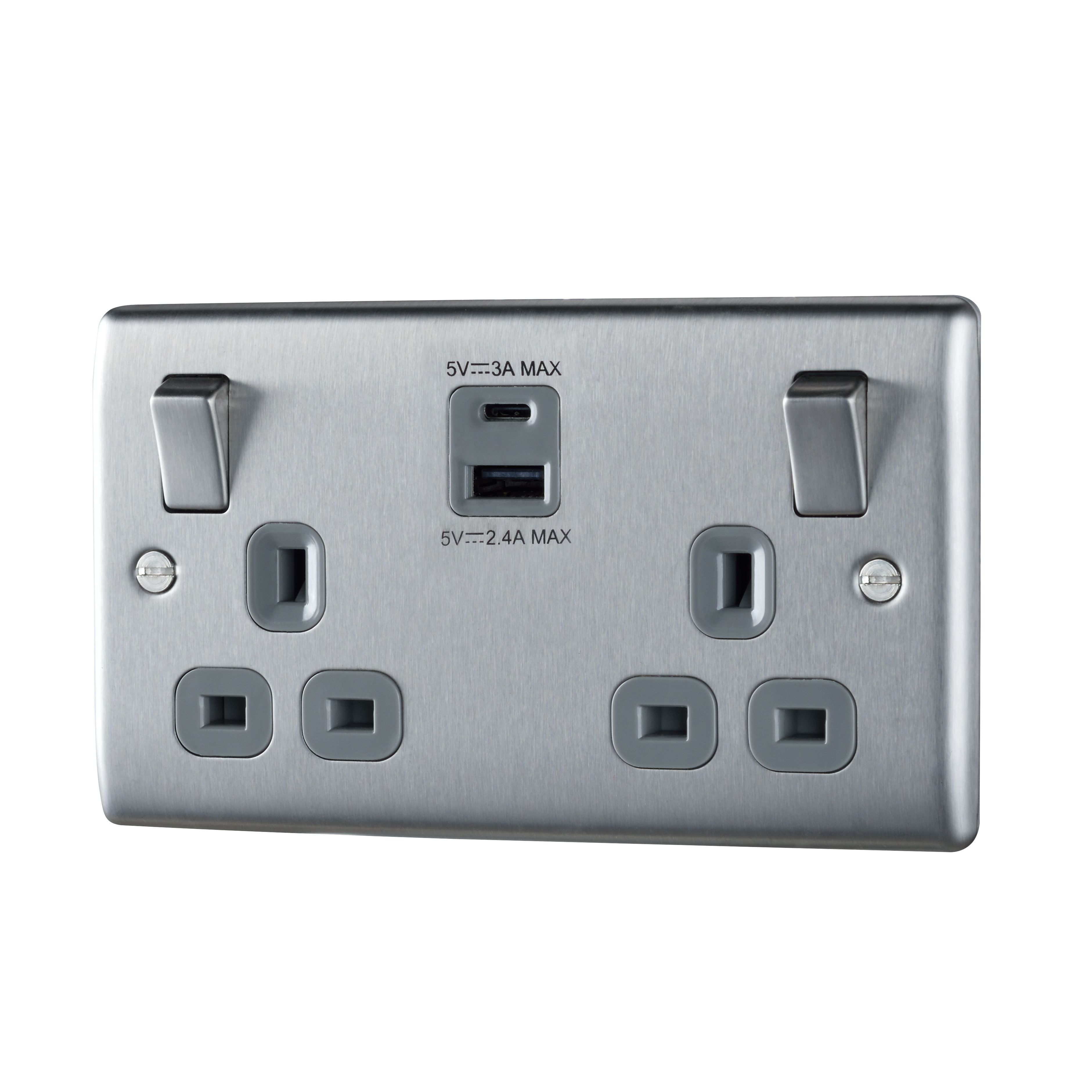 British General Double 13A Raised Switched Screwed Socket with USB, x2 & Grey inserts