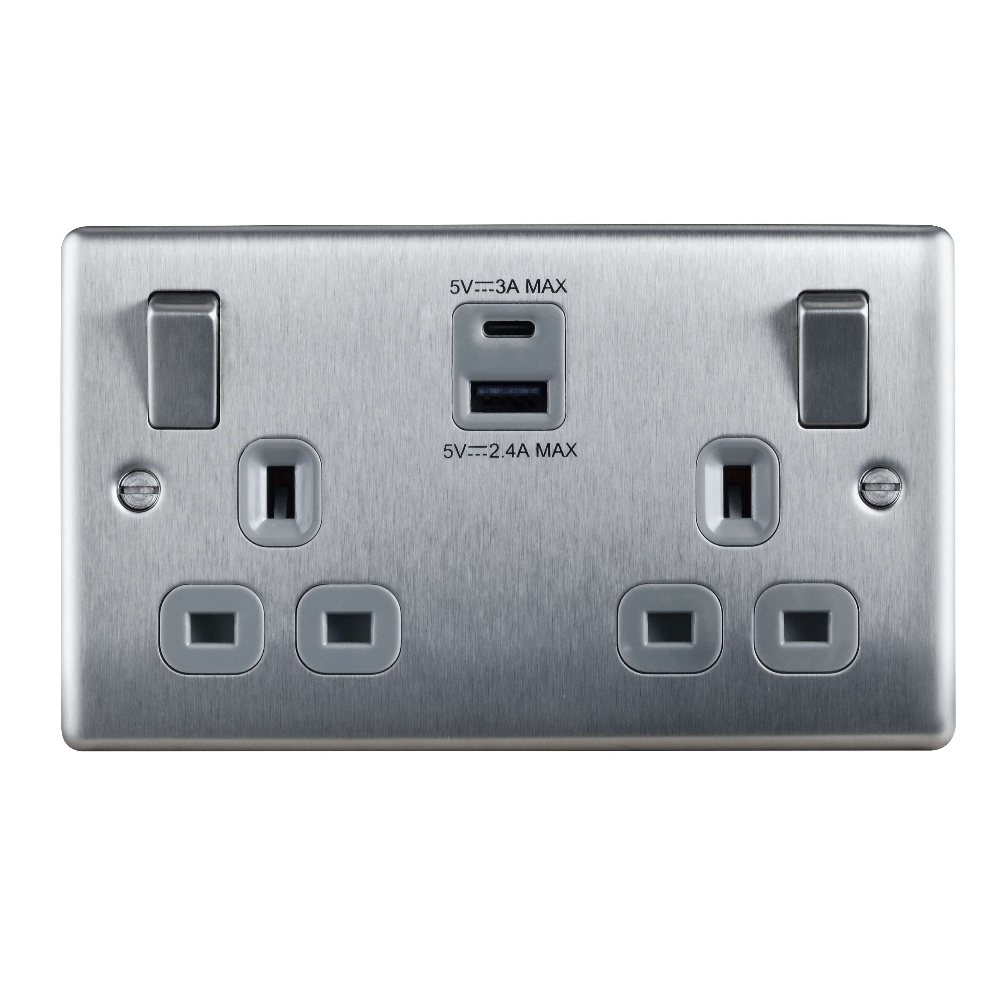 British General Double 13A Raised Switched Screwed Socket with USB, x2 & Grey inserts