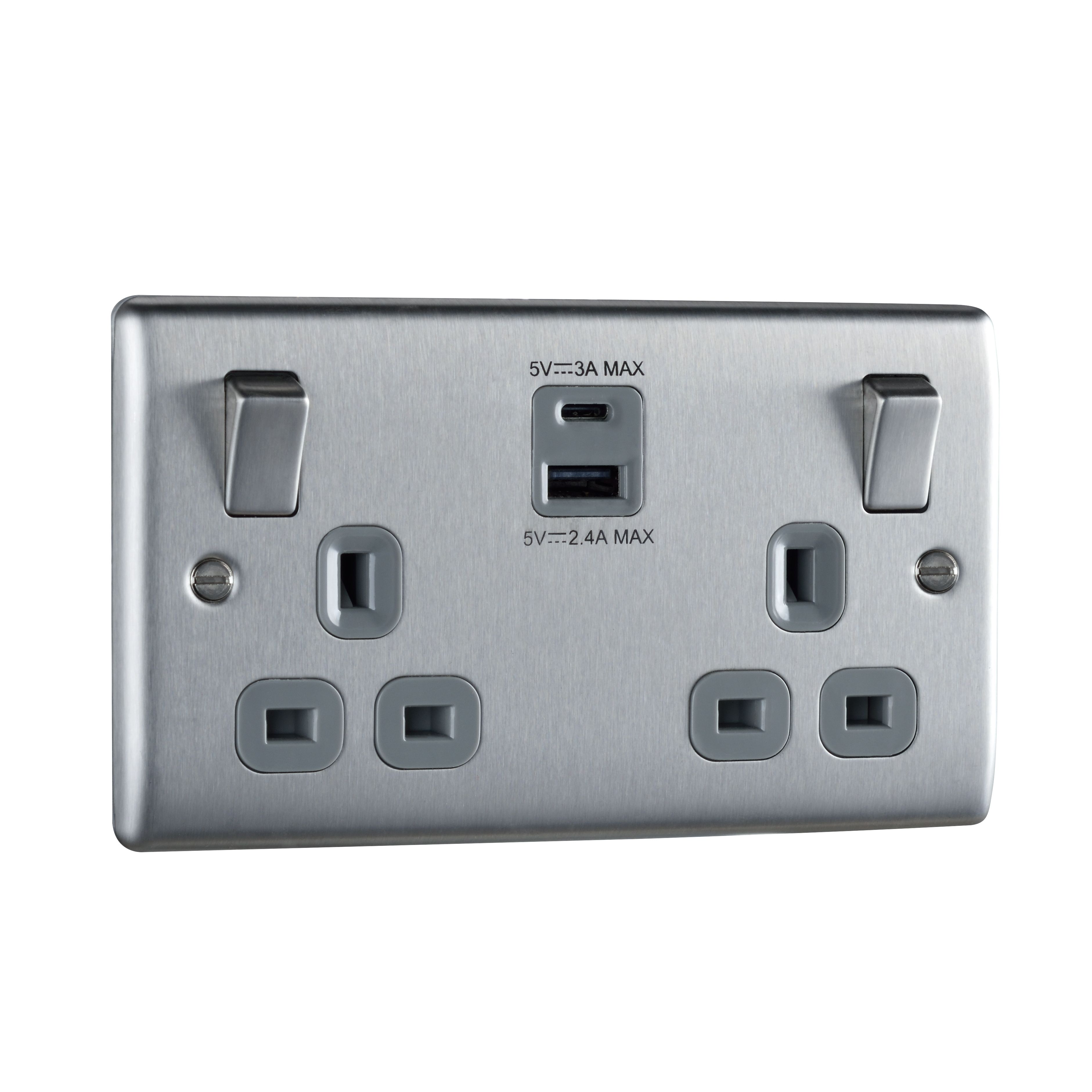 British General Double 13A Raised Switched Screwed Socket with USB, x2 & Grey inserts