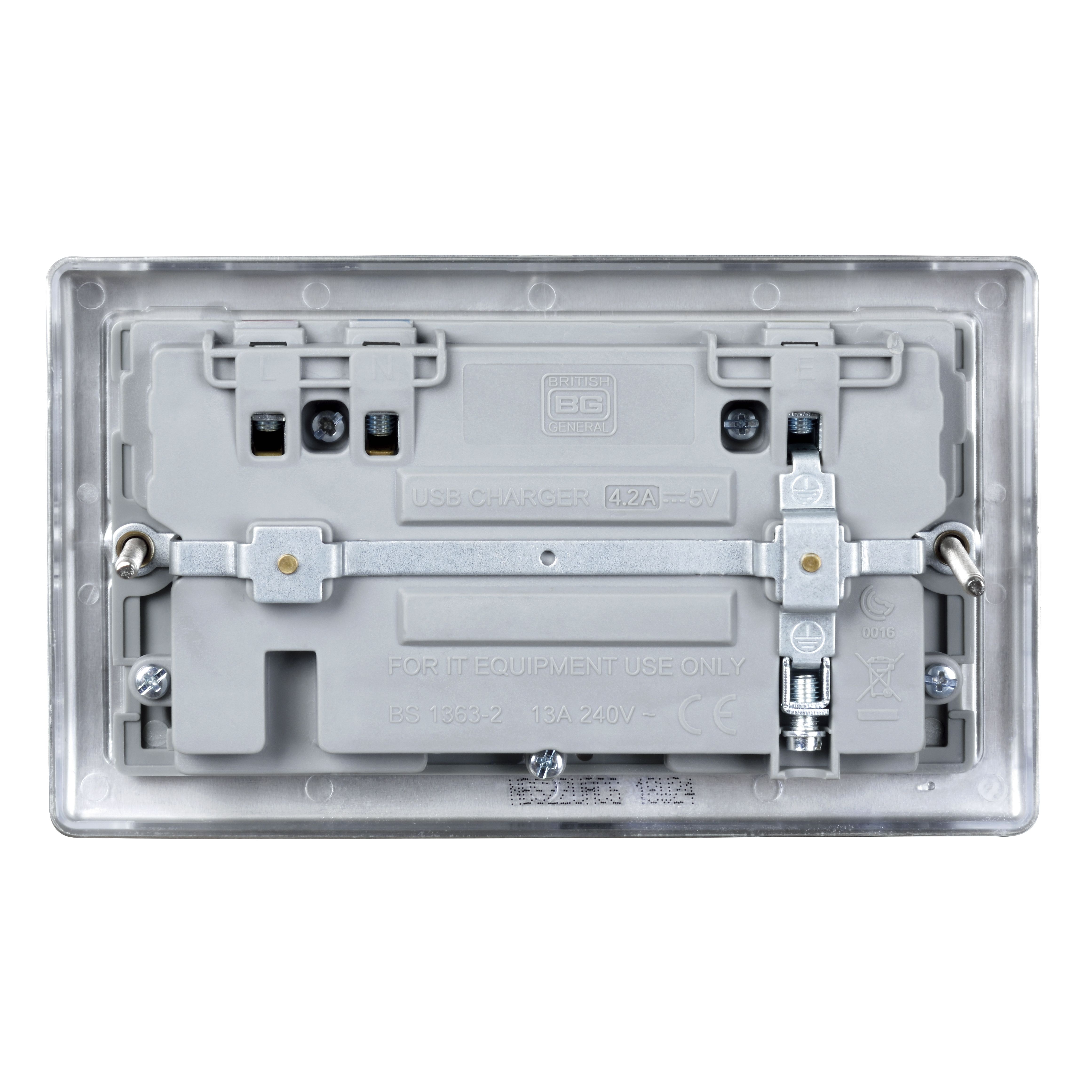 British General Double 13A Raised Switched Screwed Socket with USB, x2 & Grey inserts