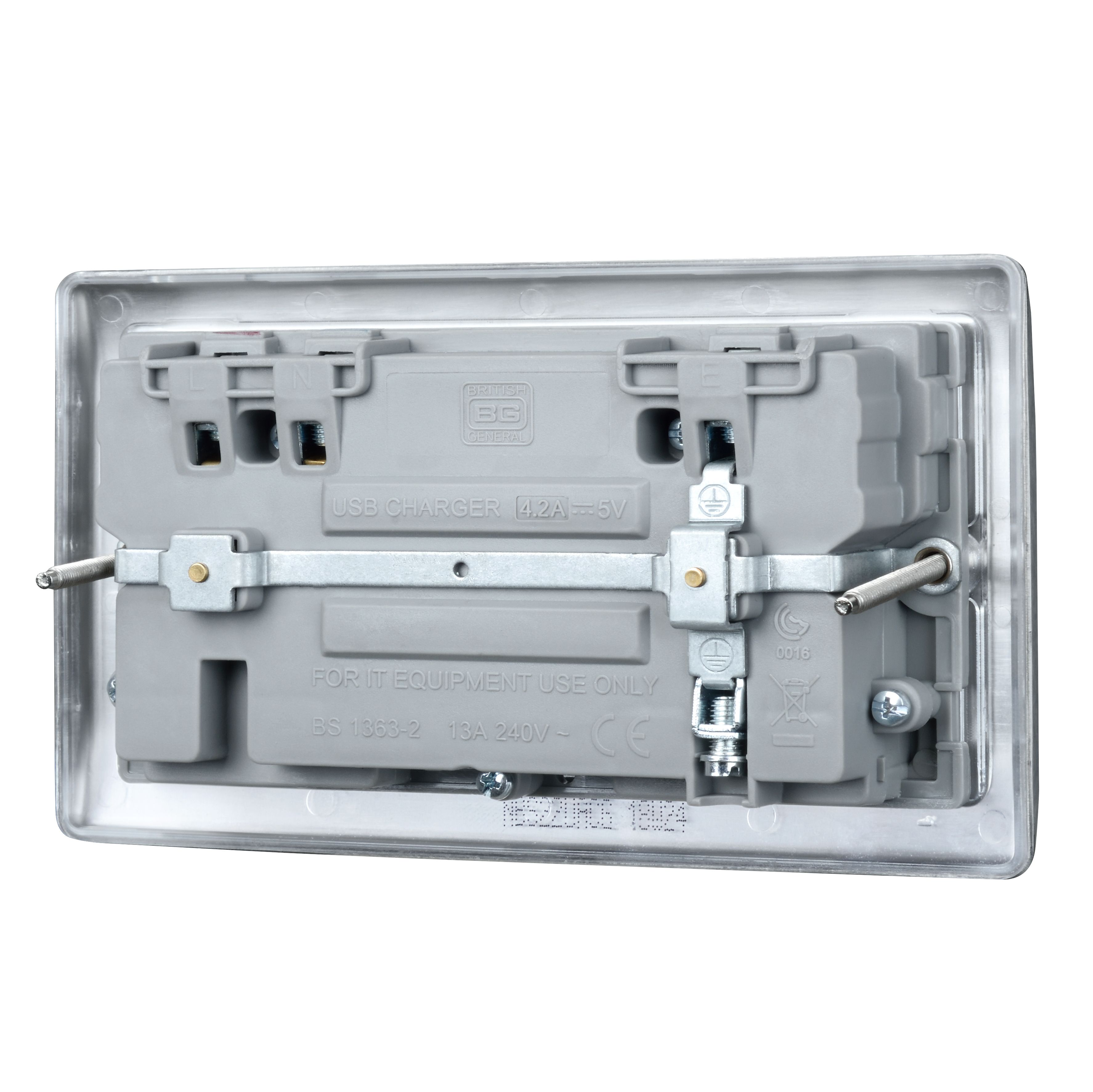 British General Double 13A Raised Switched Screwed Socket with USB, x2 & Grey inserts