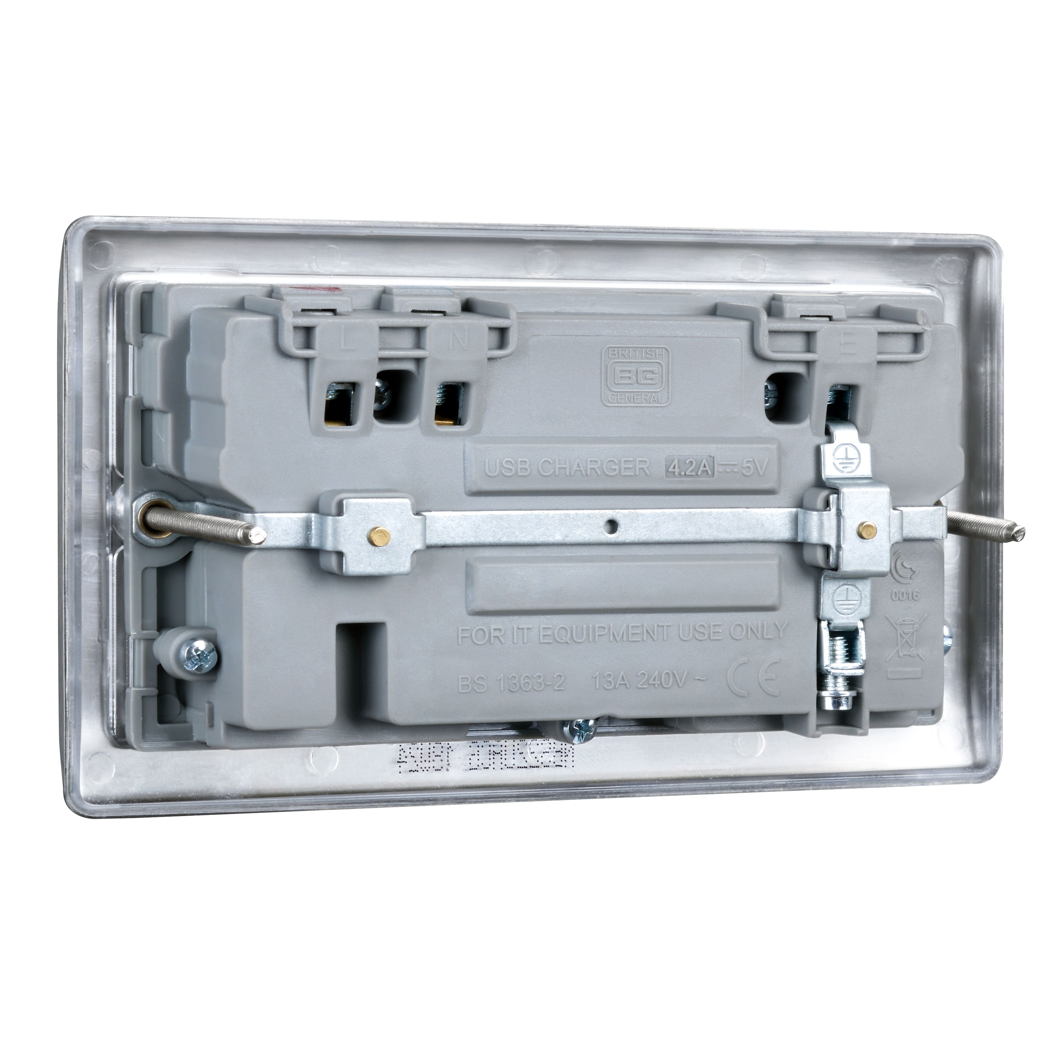 British General Double 13A Raised Switched Screwed Socket with USB, x2 & Grey inserts