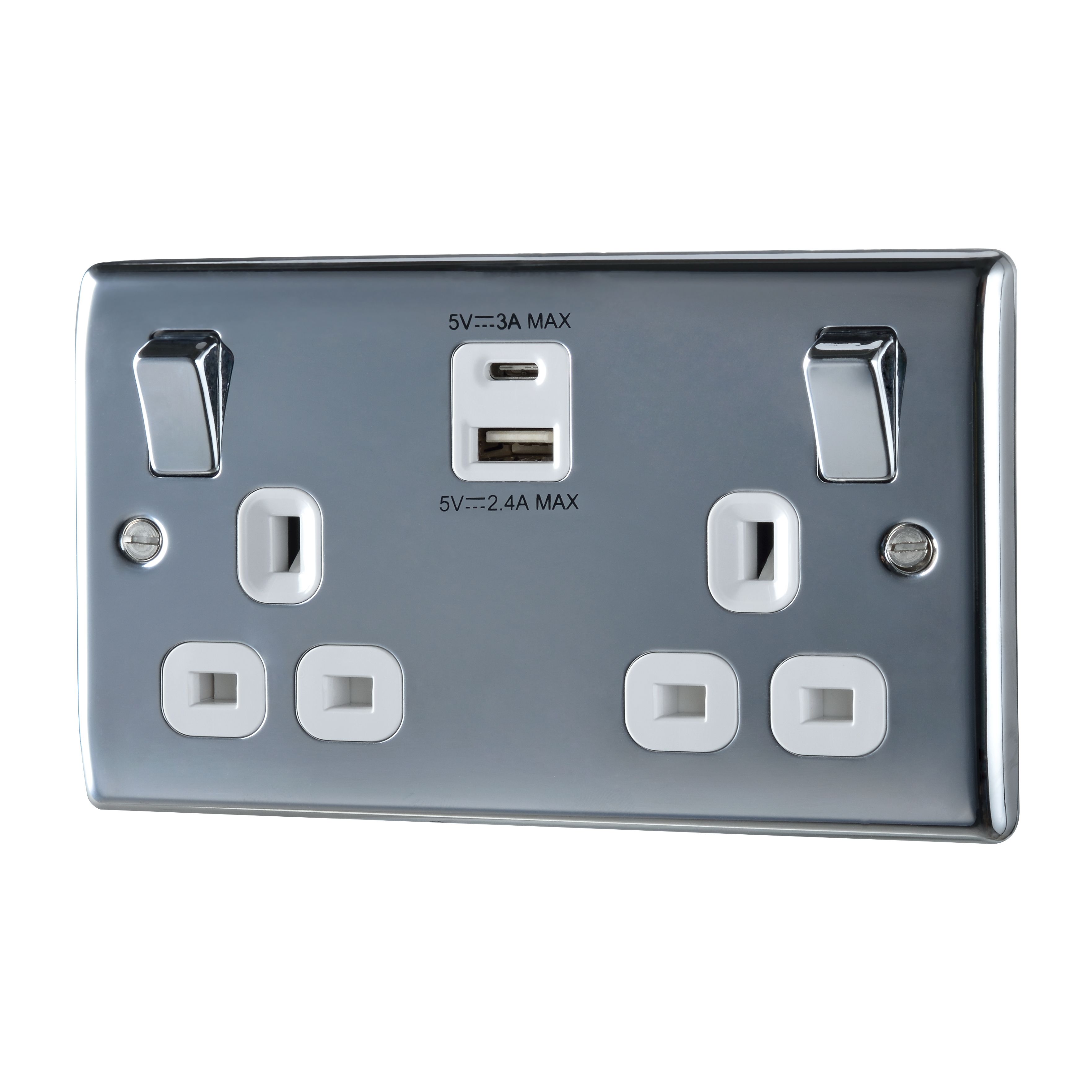 British General Double 13A Raised Switched Screwed Socket with USB, x2 & White inserts