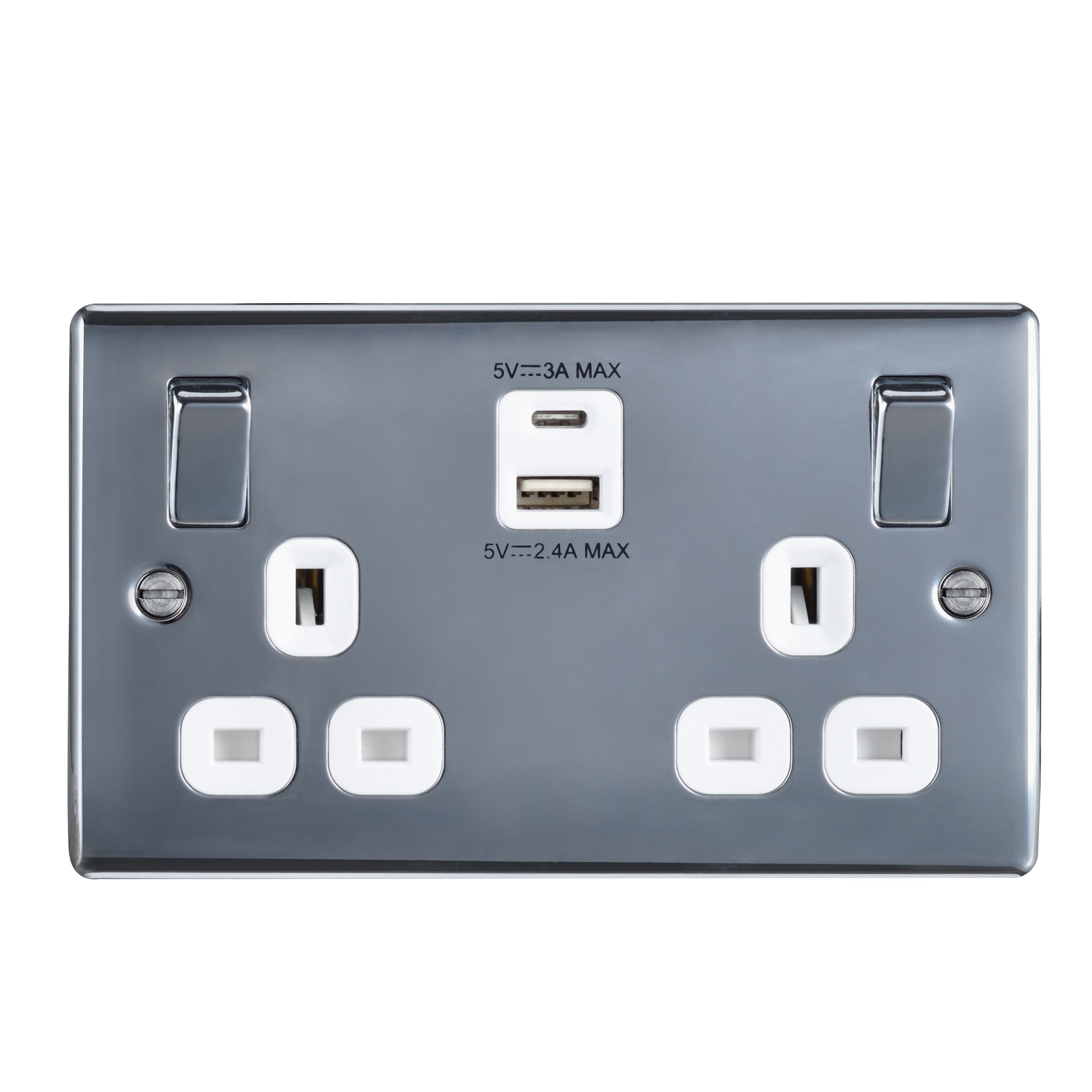 British General Double 13A Raised Switched Screwed Socket with USB, x2 & White inserts